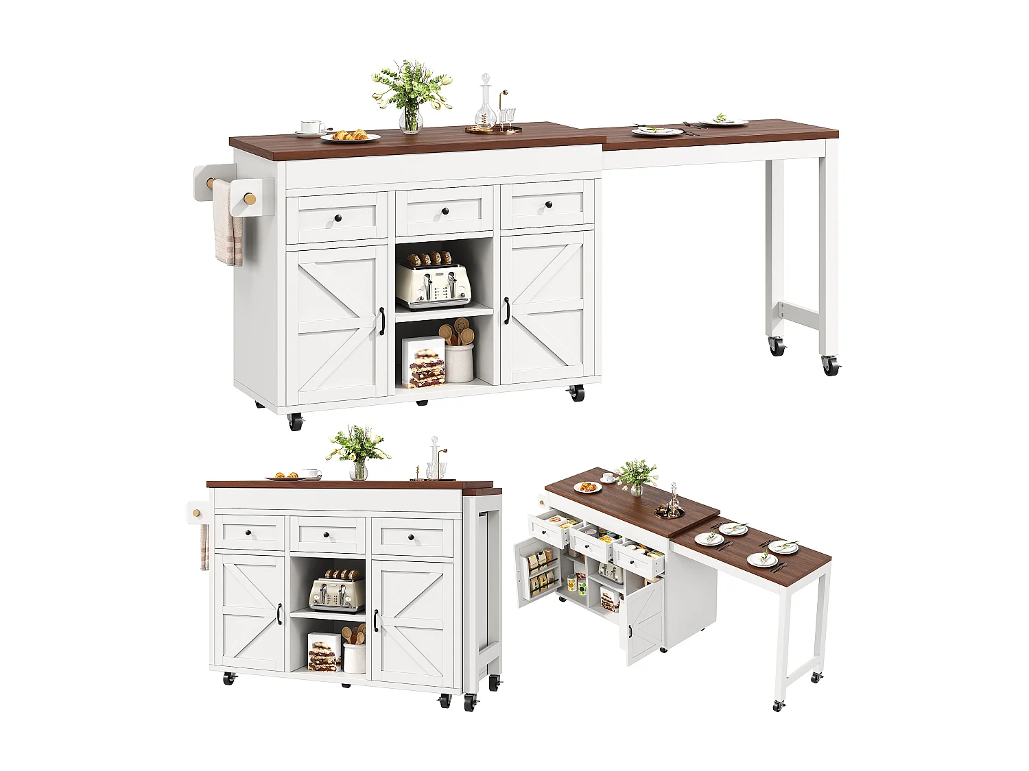 Îlot de cuisine extensible - 1315-210 cm x 40 x 92 cm - pivotante à 360°- avec 3 tiroirs + 2 portes - MDF - blanc