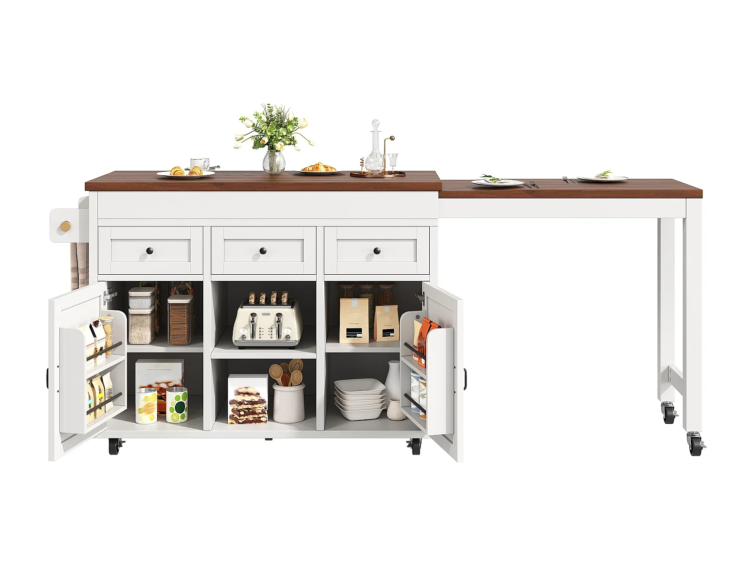 Îlot de cuisine extensible - 1315-210 cm x 40 x 92 cm - pivotante à 360°- avec 3 tiroirs + 2 portes - MDF - blanc