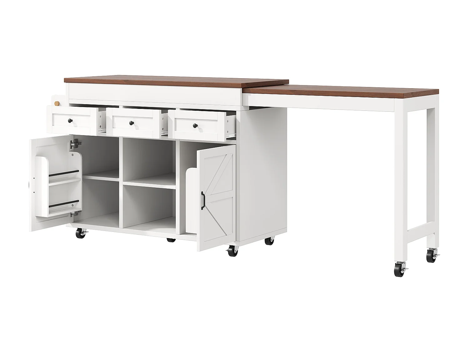 Îlot de cuisine extensible - 1315-210 cm x 40 x 92 cm - pivotante à 360°- avec 3 tiroirs + 2 portes - MDF - blanc