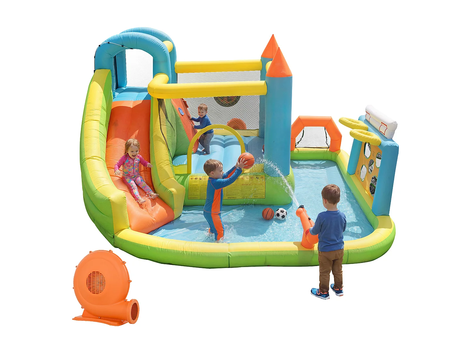 Château gonflable pour enfants 7-en-1 : Aire de Jeux avec Toboggan, Piscine, Zone de Saut, Foot et Basket - Souffleur 450W Inclus - 360x320x200cm - Multicolore
