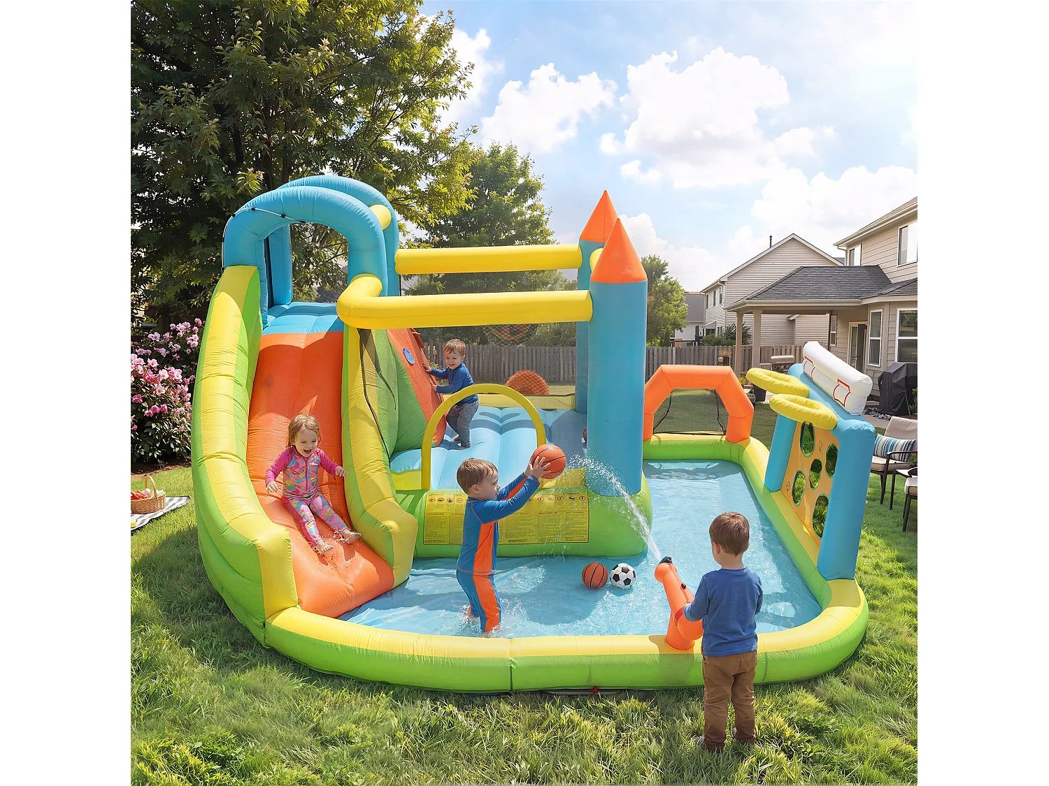 Château gonflable pour enfants 7-en-1 : Aire de Jeux avec Toboggan, Piscine, Zone de Saut, Foot et Basket - Souffleur 450W Inclus - 360x320x200cm - Multicolore