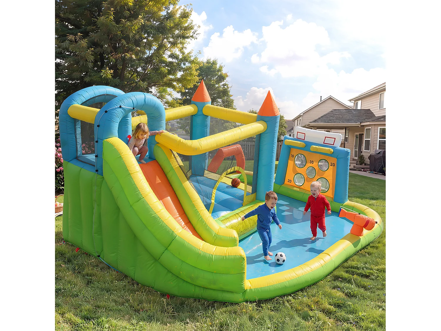 Château gonflable pour enfants 7-en-1 : Aire de Jeux avec Toboggan, Piscine, Zone de Saut, Foot et Basket - Souffleur 450W Inclus - 360x320x200cm - Multicolore