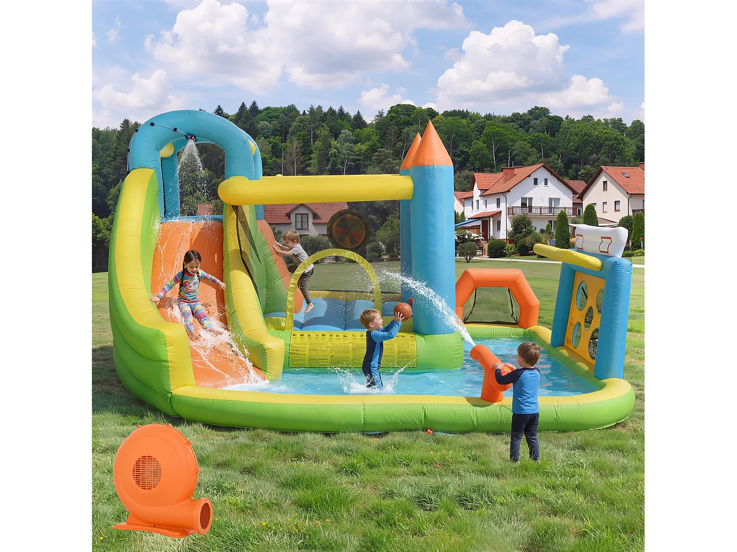 Château gonflable pour enfants 7-en-1 : Aire de Jeux avec Toboggan, Piscine, Zone de Saut, Foot et Basket - Souffleur 450W Inclus - 360x320x200cm - Multicolore
