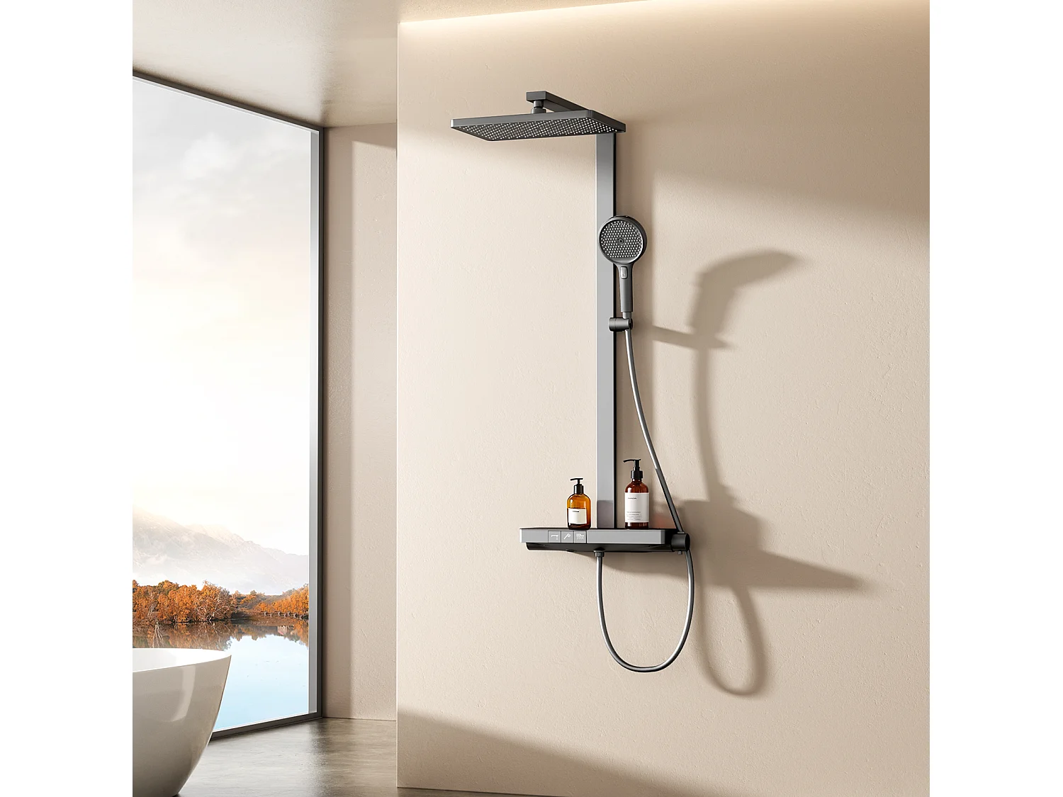 EMKE Thermostat Duschsystem Anthrazit Regendusche 36x24cm & Handbrause 4 Strahlarten mit Ablage