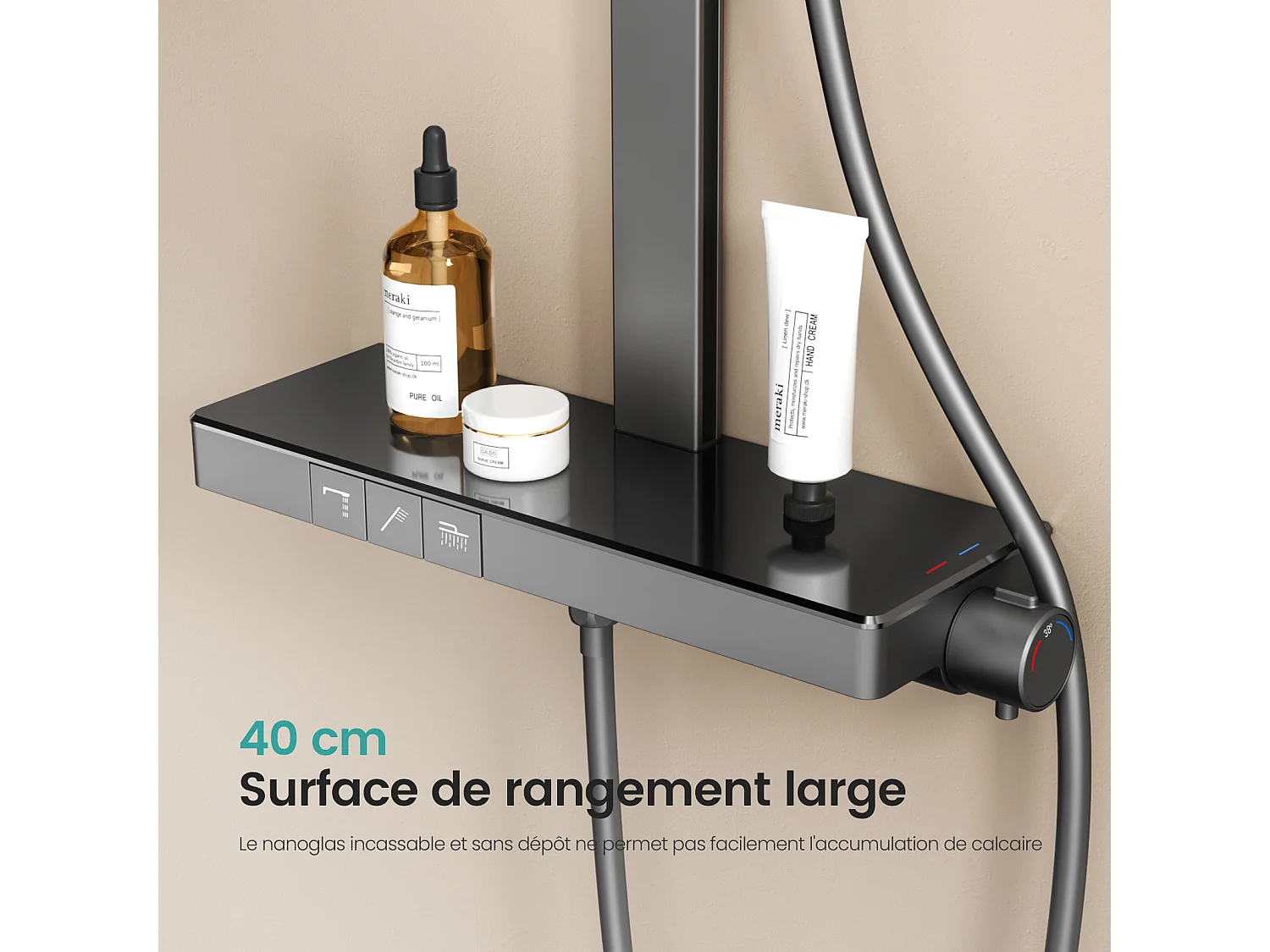 EMKE Thermostat Duschsystem Anthrazit Regendusche 36x24cm & Handbrause 4 Strahlarten mit Ablage