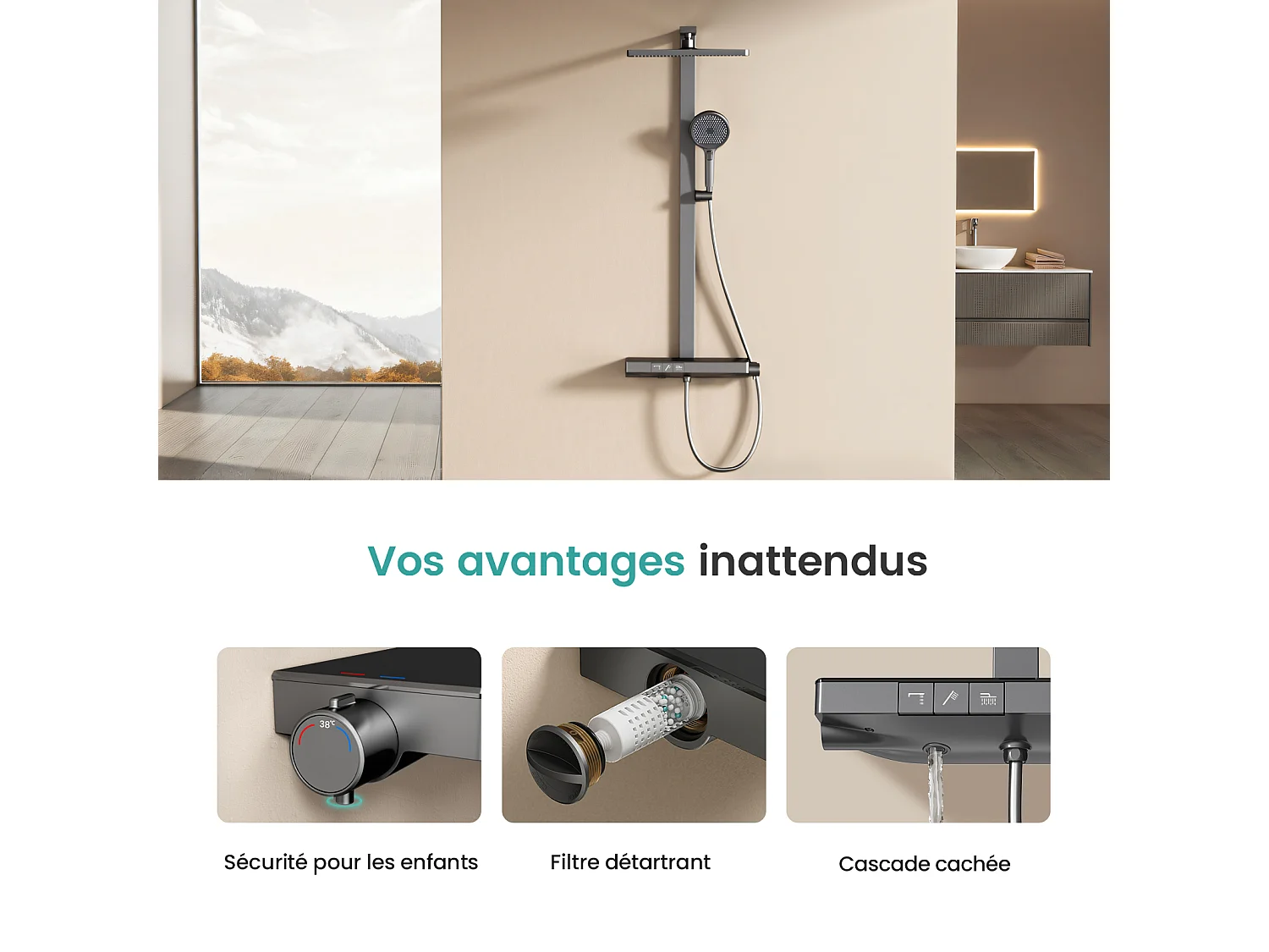 EMKE Thermostat Duschsystem Anthrazit Regendusche 36x24cm & Handbrause 4 Strahlarten mit Ablage