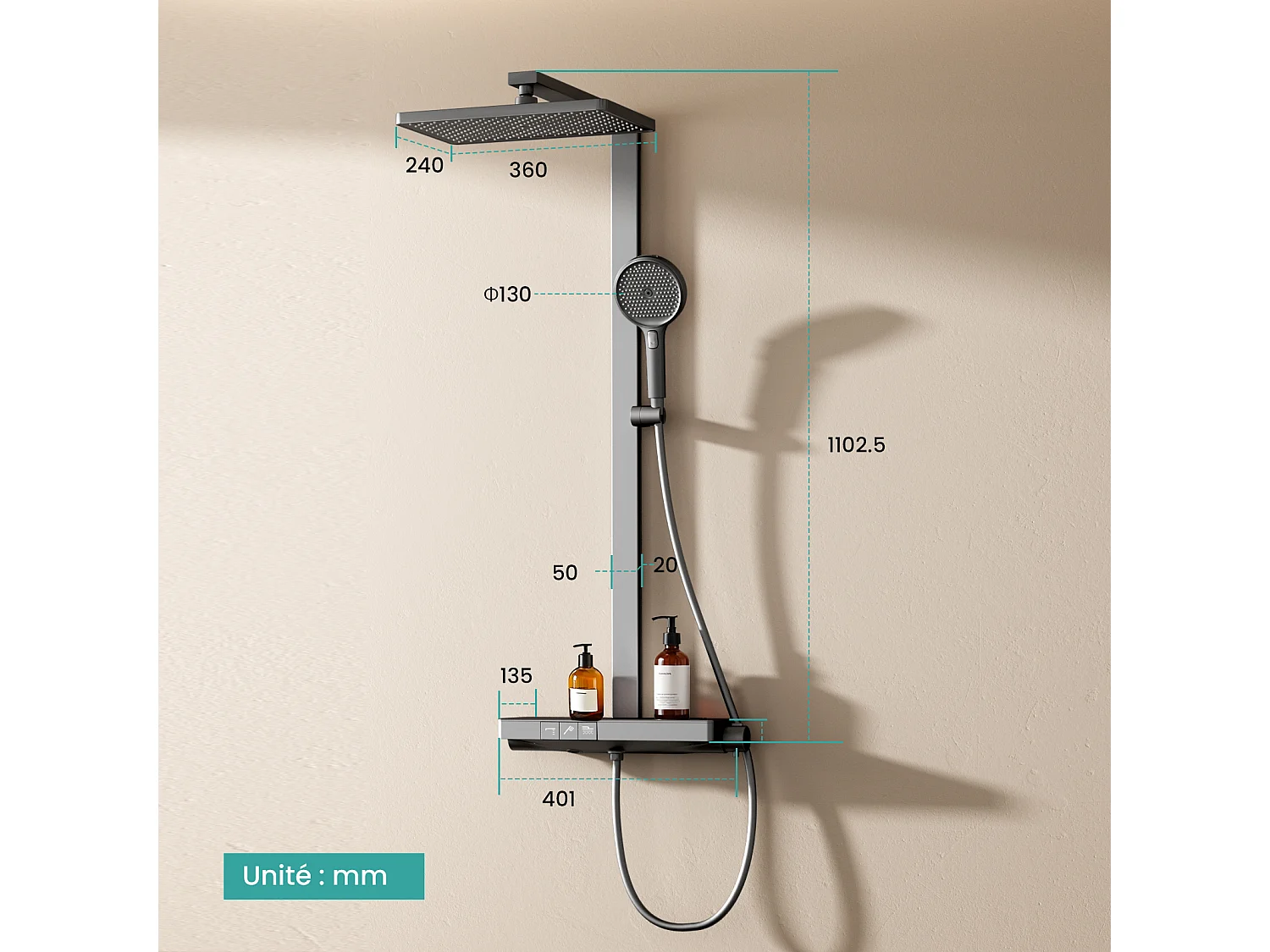 EMKE Thermostat Duschsystem Anthrazit Regendusche 36x24cm & Handbrause 4 Strahlarten mit Ablage