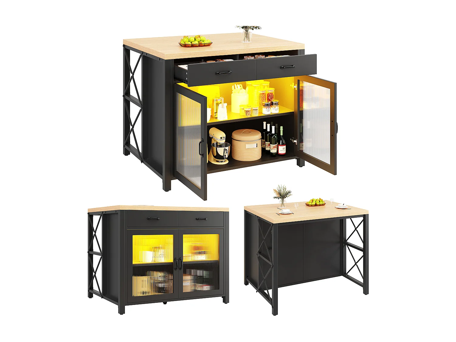 Moderne Kücheninsel – 100 x 80 x 90 cm – mit Arbeitsplatte, Türen, Schubladen und LED-Beleuchtung – MDF und Glas – schwarz