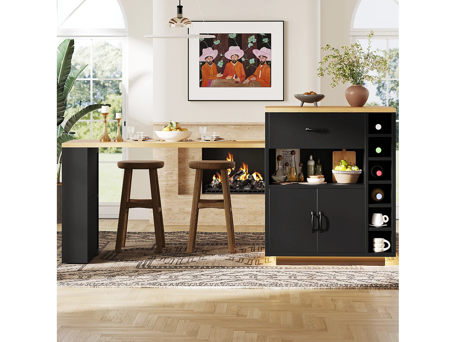 Kookeiland - uitschuifbare eettafel - met LED-verlichting - met 2 lades en 4 deuren - Zwart