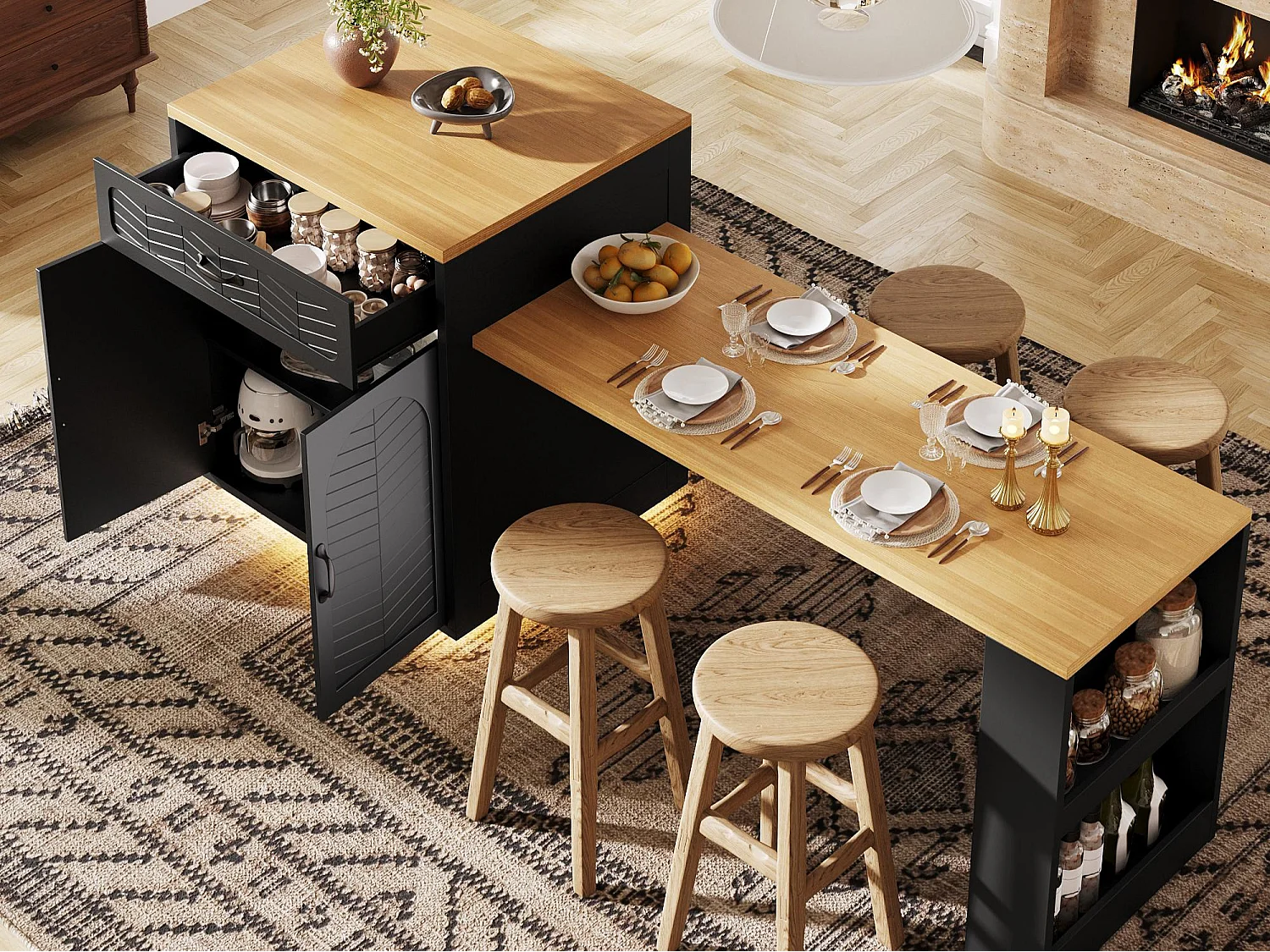 Kookeiland - uitschuifbare eettafel - met LED-verlichting - met 2 lades en 4 deuren - Zwart