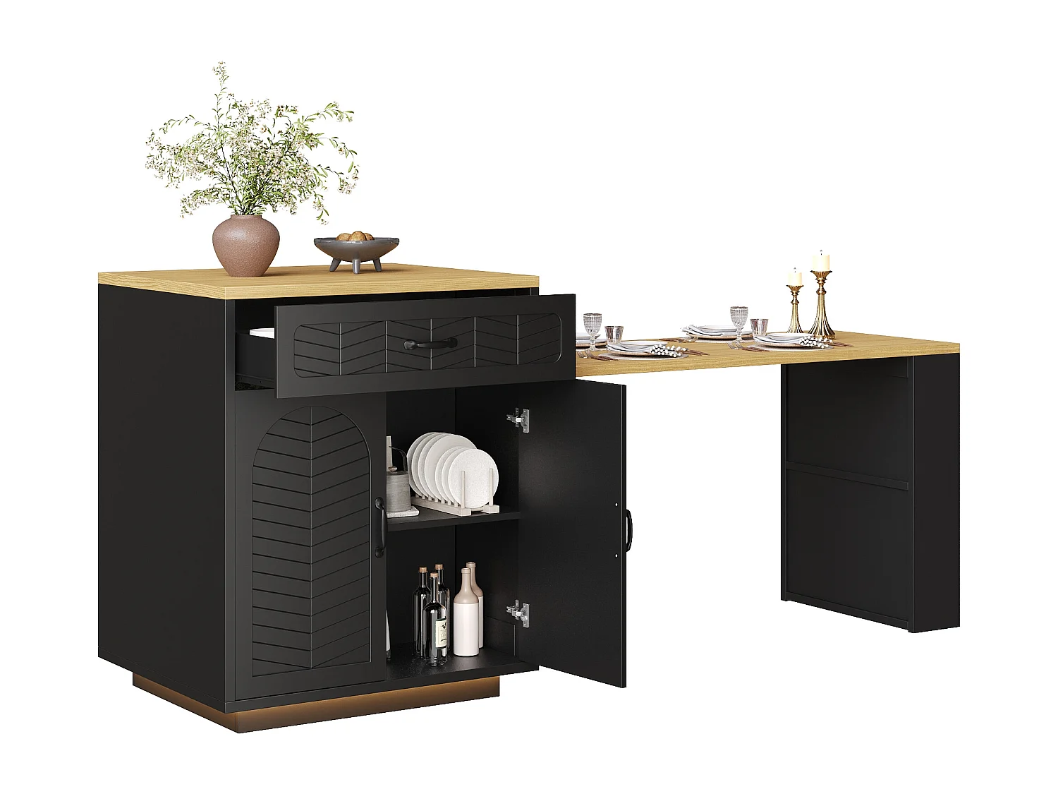 Kookeiland - uitschuifbare eettafel - met LED-verlichting - met 2 lades en 4 deuren - Zwart