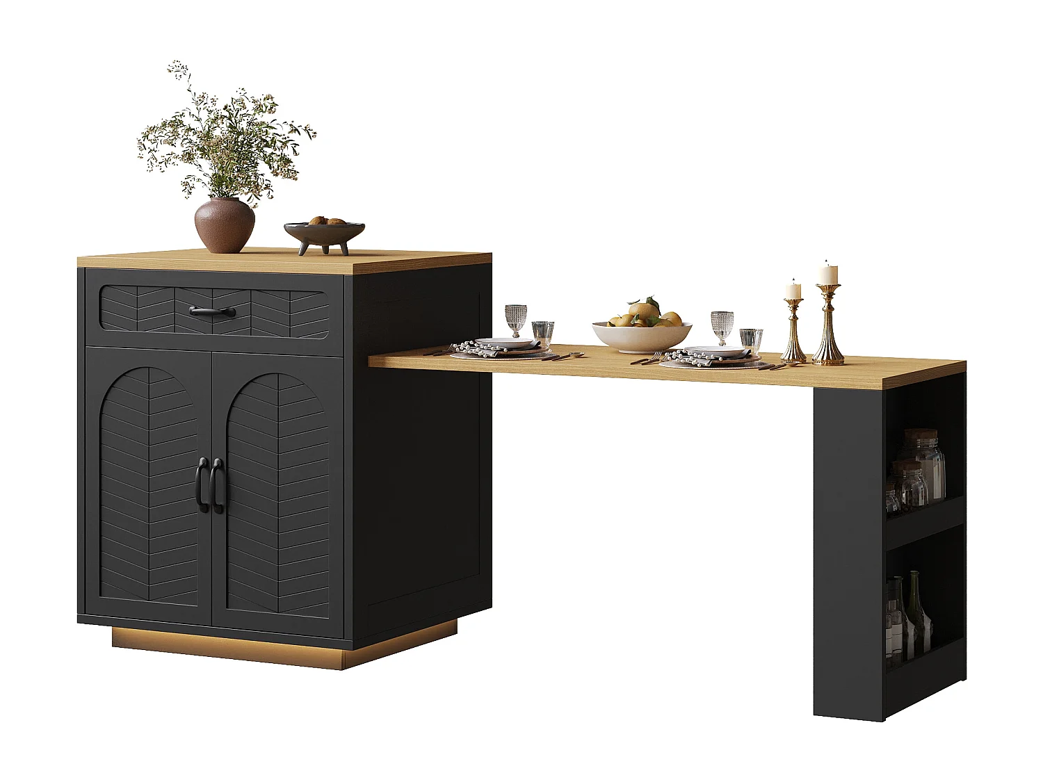 Kookeiland - uitschuifbare eettafel - met LED-verlichting - met 2 lades en 4 deuren - Zwart