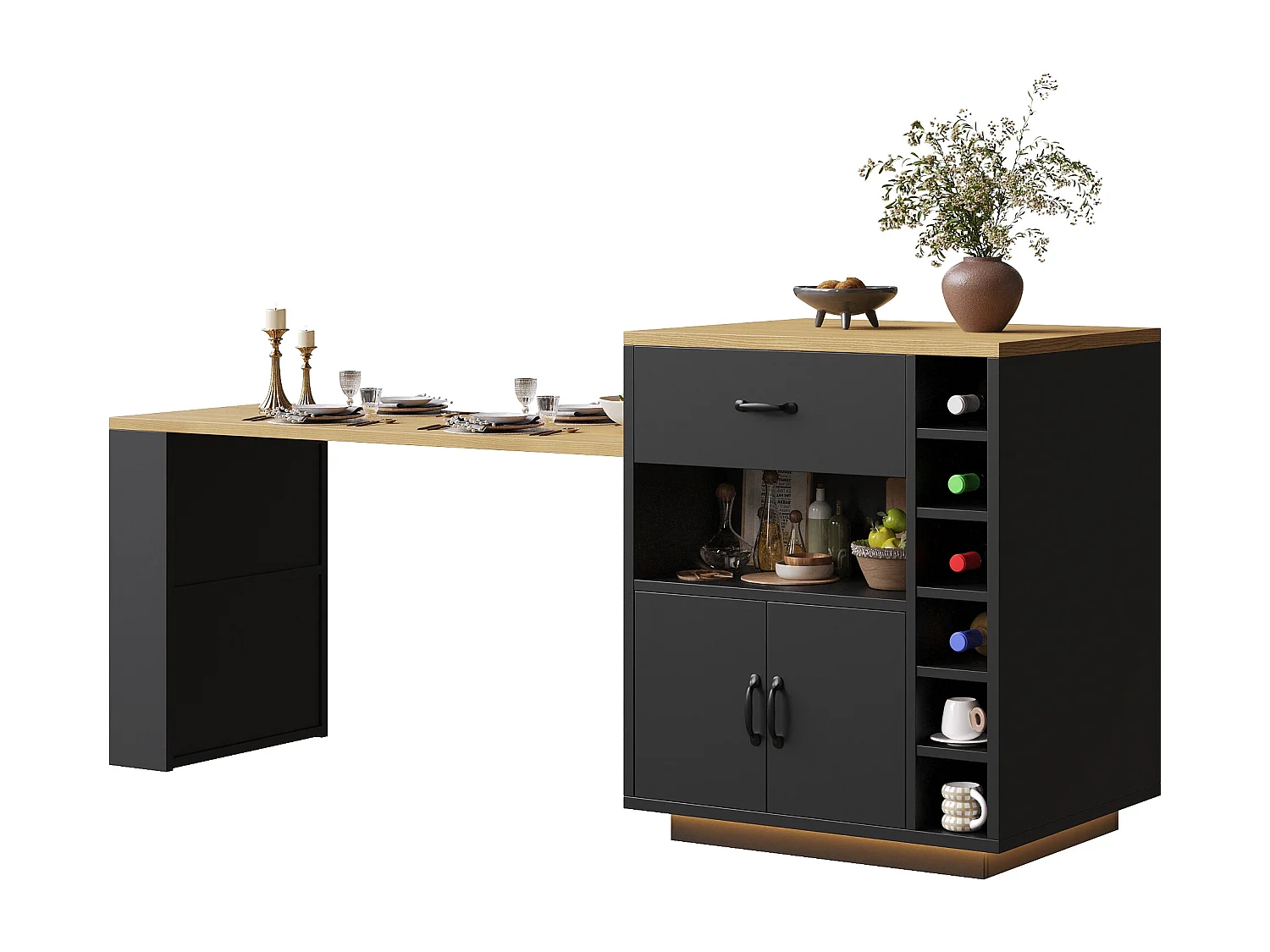 Kookeiland - uitschuifbare eettafel - met LED-verlichting - met 2 lades en 4 deuren - Zwart