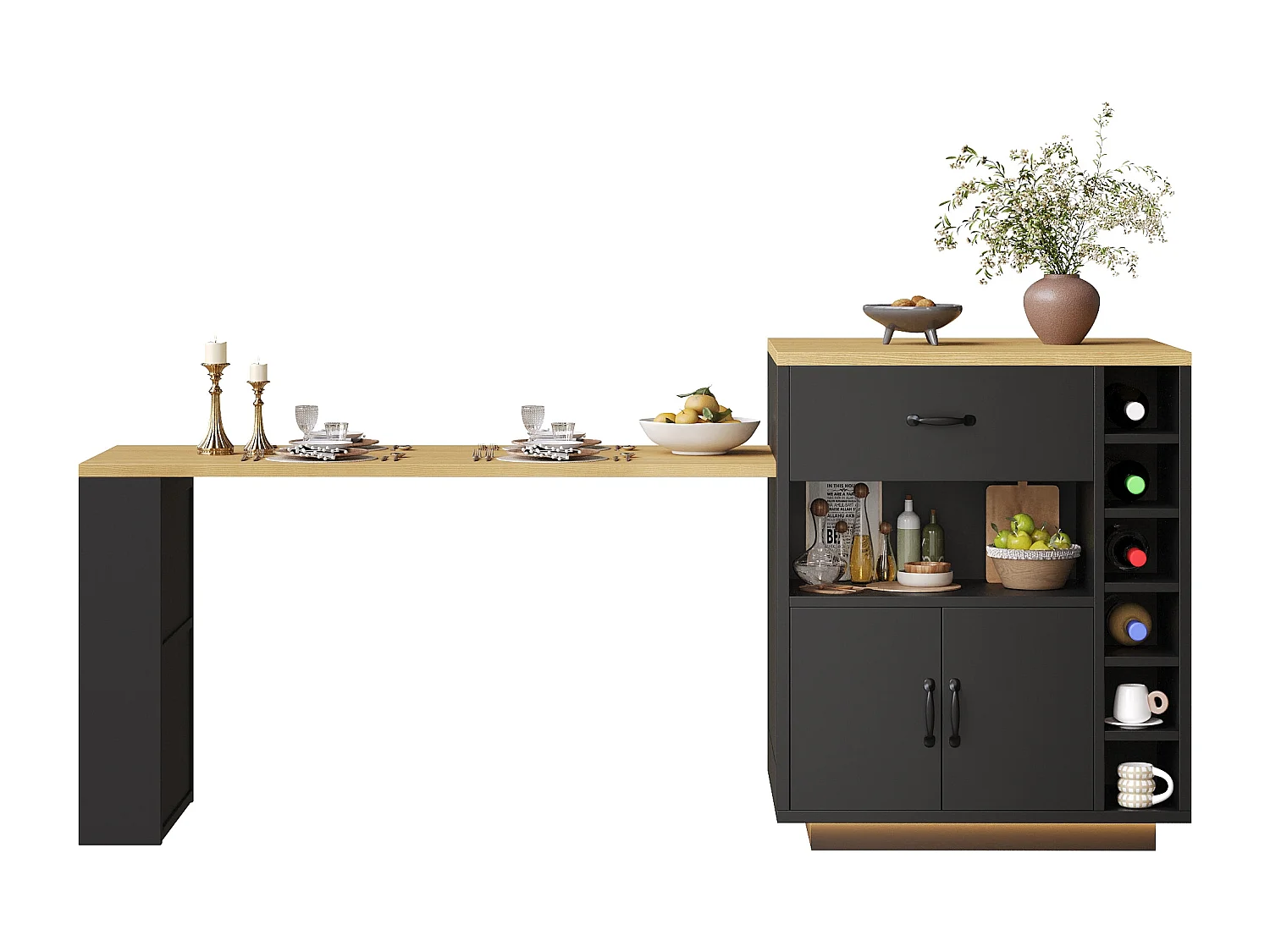 Kookeiland - uitschuifbare eettafel - met LED-verlichting - met 2 lades en 4 deuren - Zwart