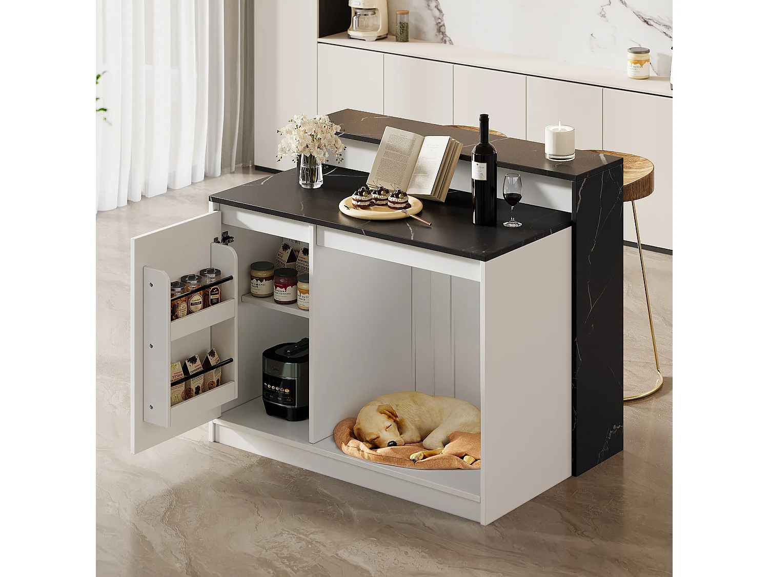 Kücheninsel 120x80x100 cm - Entspannungsbereich für Haustiere - Kombination aus Bar und Esstisch - 1 Tür - MDF - Schwarz und Weiß