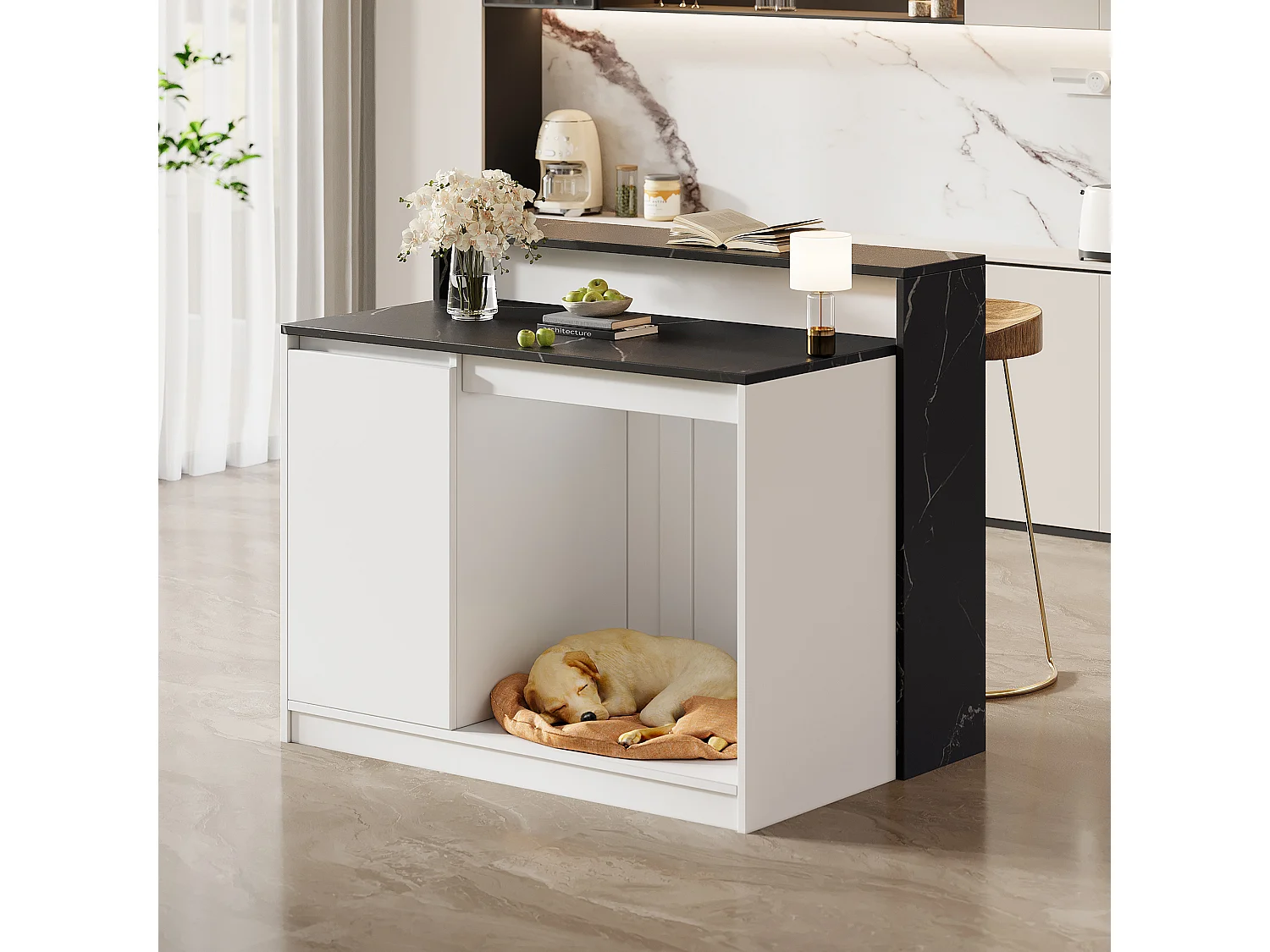 Kücheninsel 120x80x100 cm - Entspannungsbereich für Haustiere - Kombination aus Bar und Esstisch - 1 Tür - MDF - Schwarz und Weiß