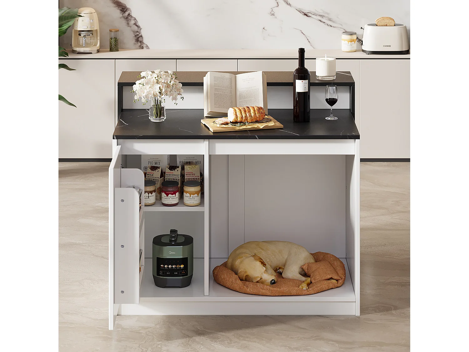 Kücheninsel 120x80x100 cm - Entspannungsbereich für Haustiere - Kombination aus Bar und Esstisch - 1 Tür - MDF - Schwarz und Weiß