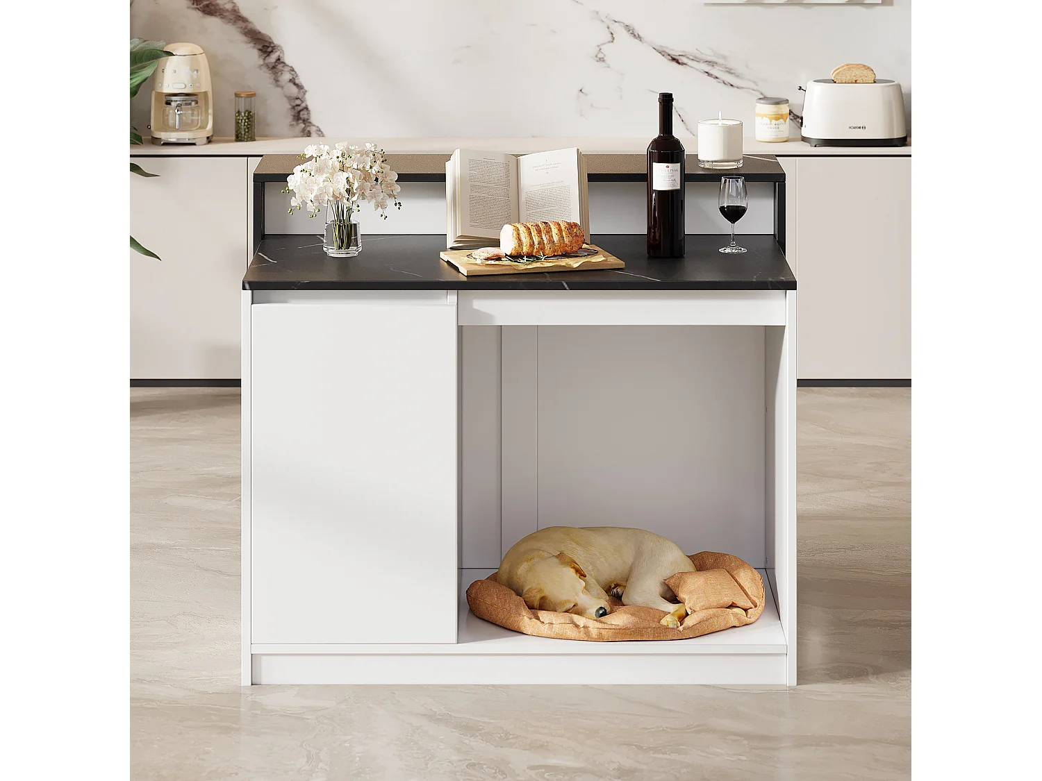 Kücheninsel 120x80x100 cm - Entspannungsbereich für Haustiere - Kombination aus Bar und Esstisch - 1 Tür - MDF - Schwarz und Weiß