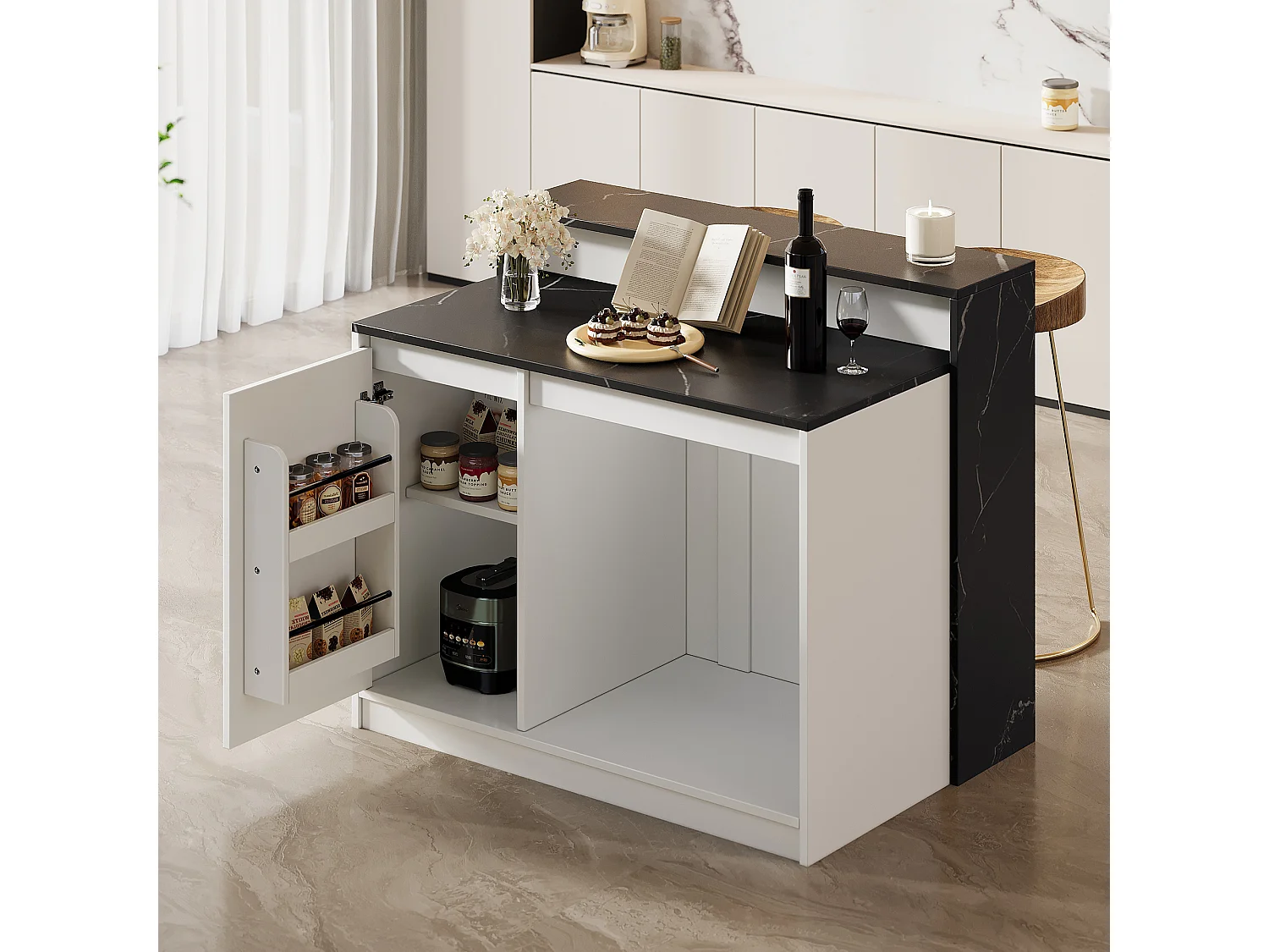 Kücheninsel 120x80x100 cm - Entspannungsbereich für Haustiere - Kombination aus Bar und Esstisch - 1 Tür - MDF - Schwarz und Weiß