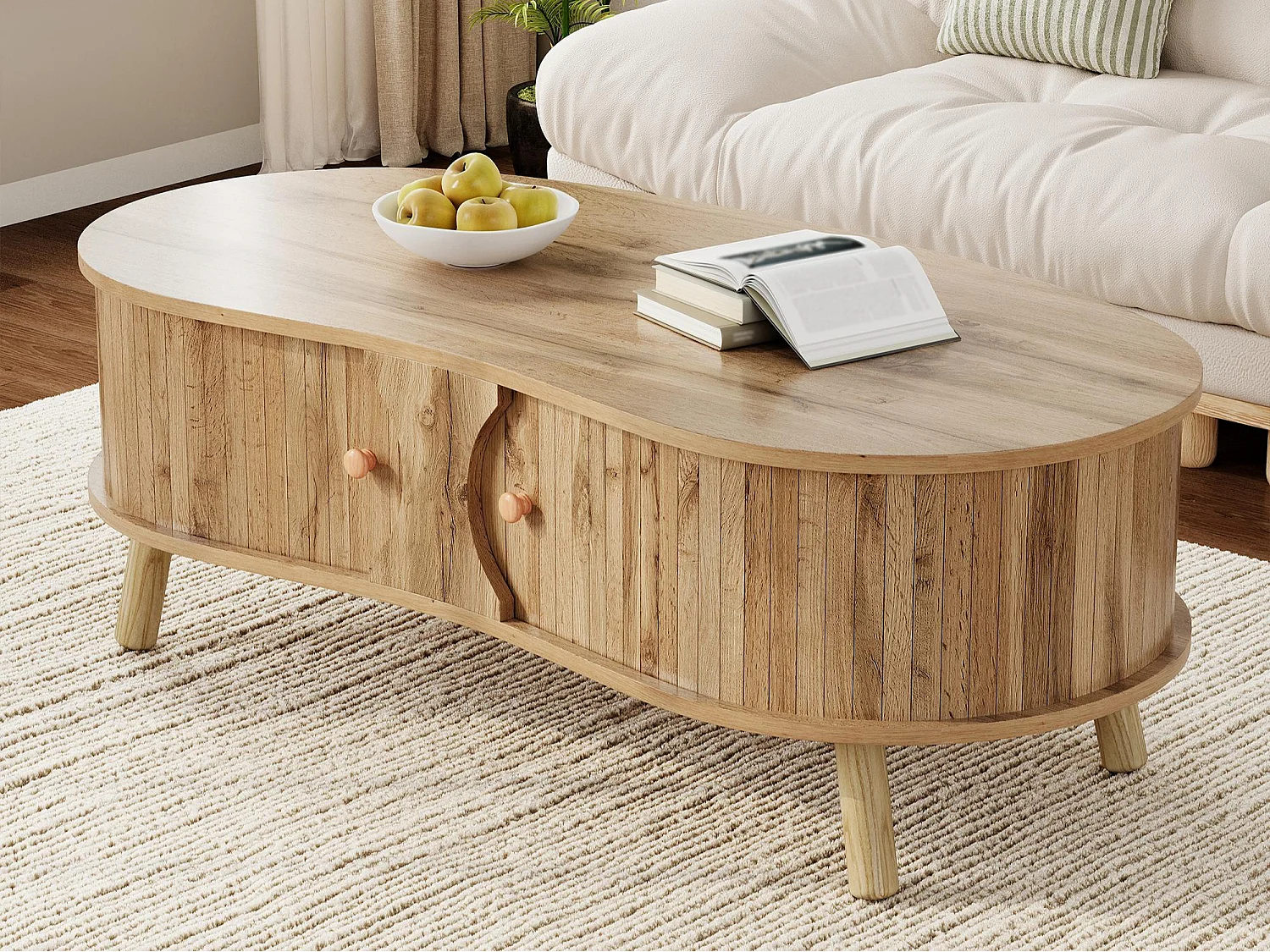 Beistelltisch in Erbsenform 108x50x37 cm - 2 Schiebetüren - Holzoptik - Massivholzfüße - MDF - Natur