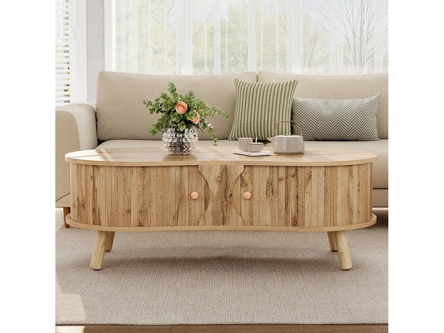 Beistelltisch in Erbsenform 108x50x37 cm - 2 Schiebetüren - Holzoptik - Massivholzfüße - MDF - Natur