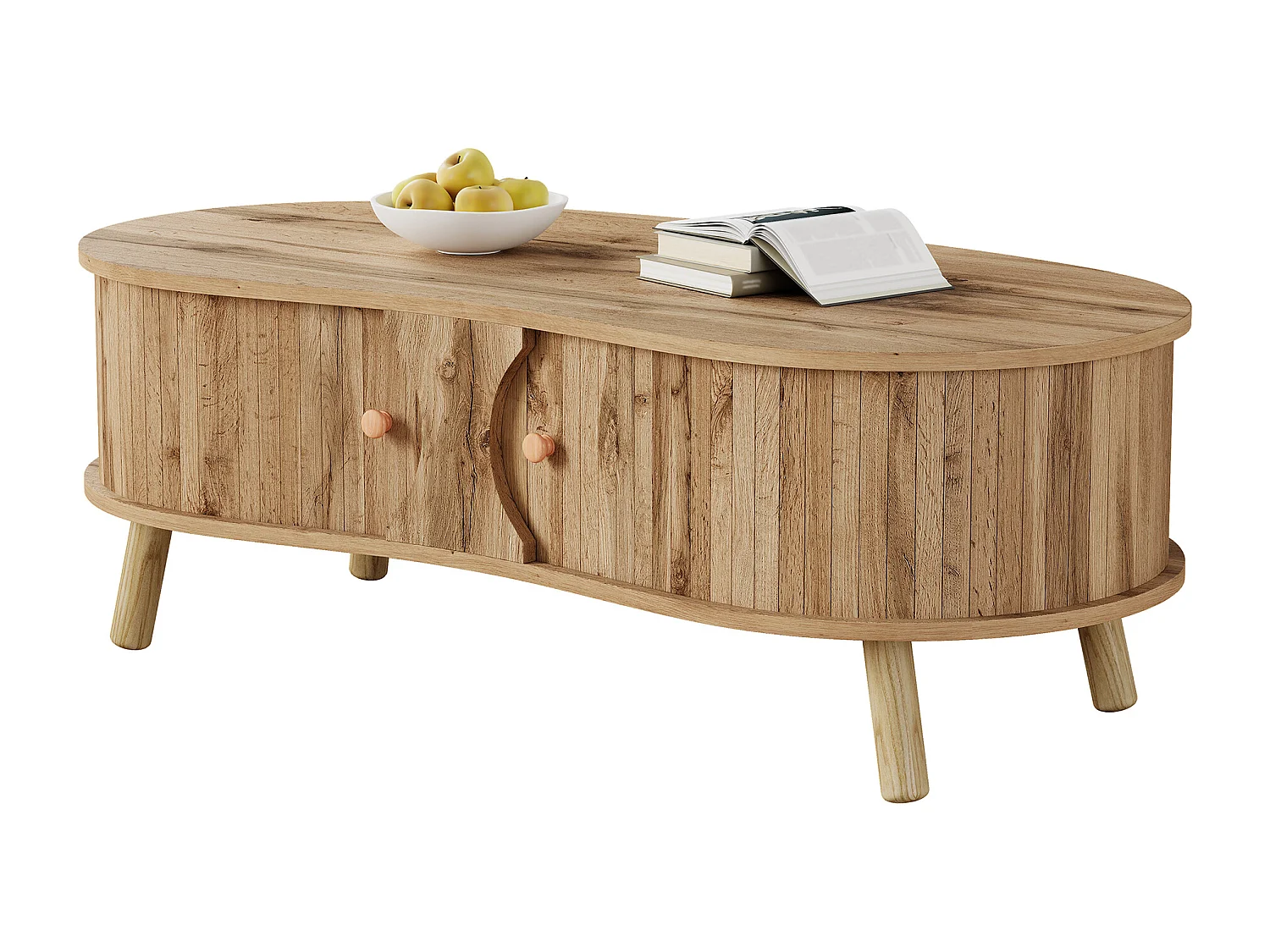 Beistelltisch in Erbsenform 108x50x37 cm - 2 Schiebetüren - Holzoptik - Massivholzfüße - MDF - Natur