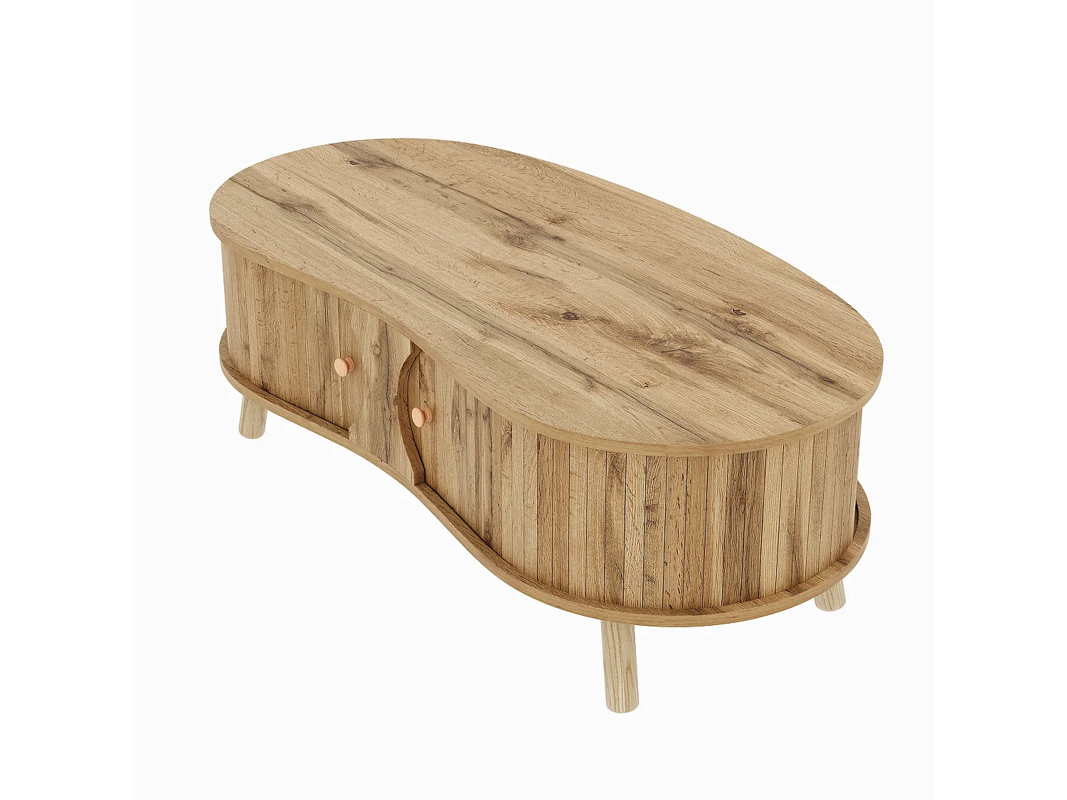 Beistelltisch in Erbsenform 108x50x37 cm - 2 Schiebetüren - Holzoptik - Massivholzfüße - MDF - Natur