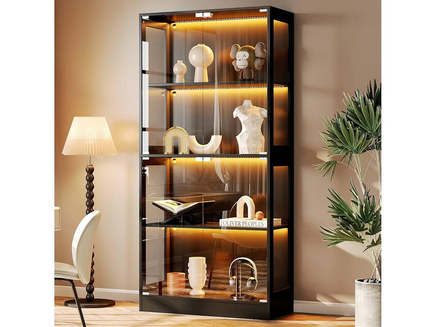 Glasvitrine 80x35x170cm - Vier-Etagen-Stauraum - LED-Beleuchtung - Mit 4 Türen - MDF+Glas - Schwarz