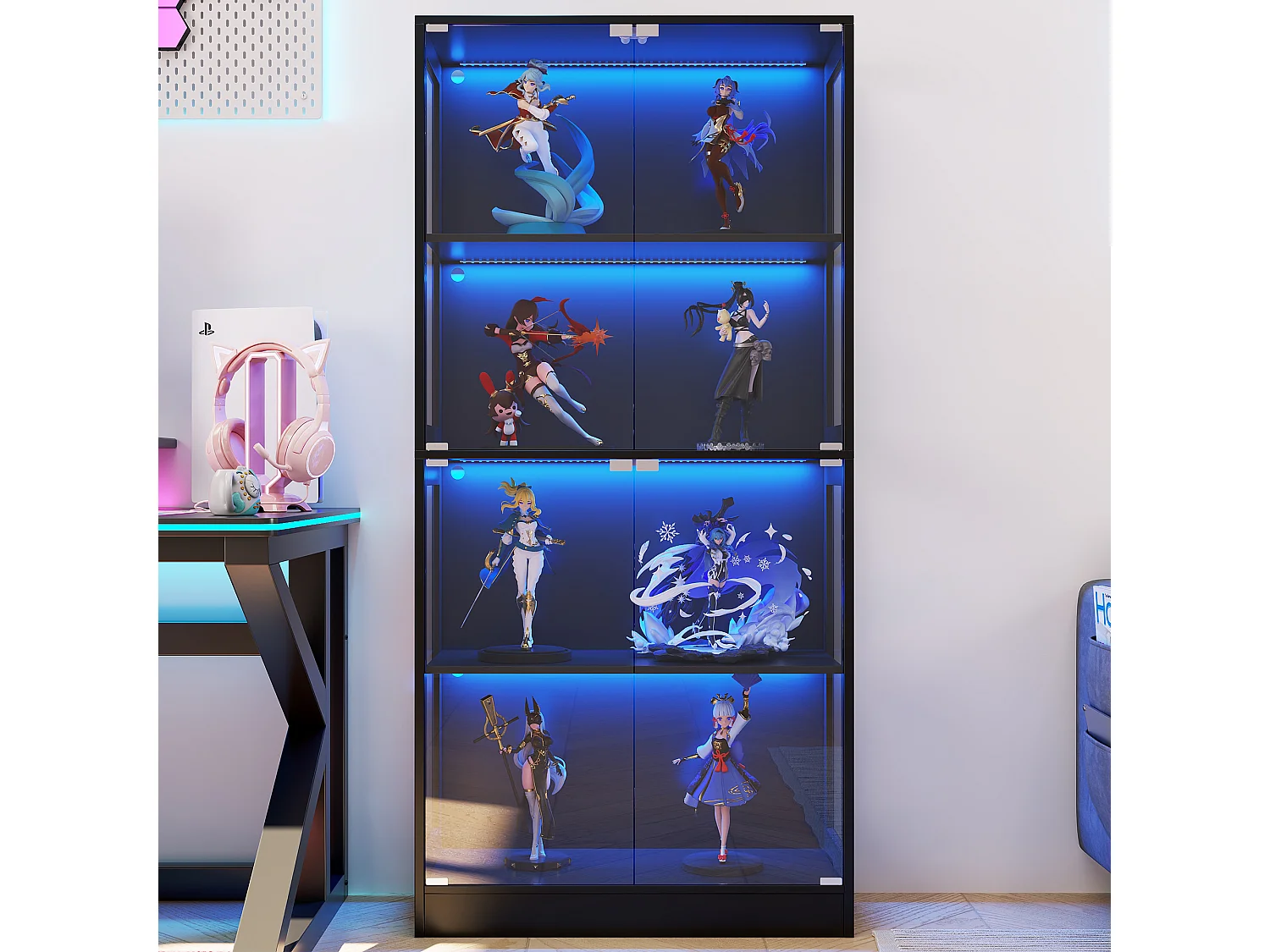 Glasvitrine 80x35x170cm - Vier-Etagen-Stauraum - LED-Beleuchtung - Mit 4 Türen - MDF+Glas - Schwarz