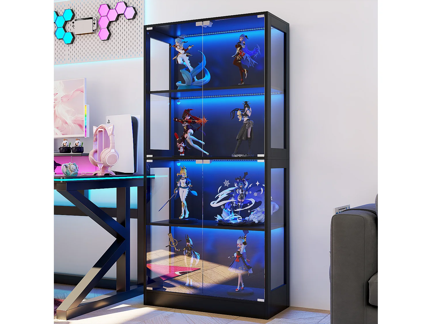 Glasvitrine 80x35x170cm - Vier-Etagen-Stauraum - LED-Beleuchtung - Mit 4 Türen - MDF+Glas - Schwarz