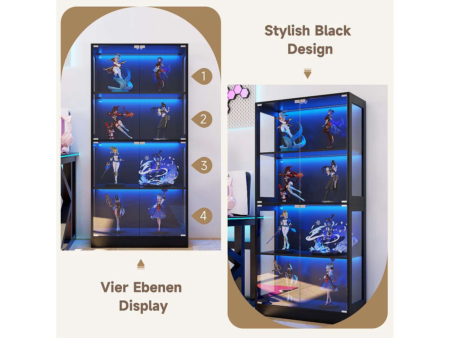 Glasvitrine 80x35x170cm - Vier-Etagen-Stauraum - LED-Beleuchtung - Mit 4 Türen - MDF+Glas - Schwarz