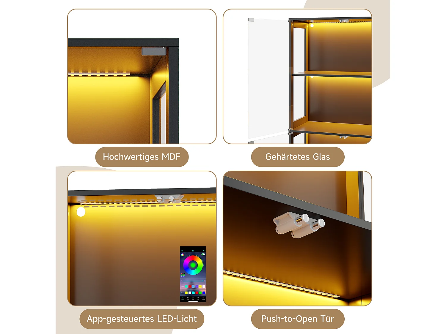 Glasvitrine 80x35x170cm - Vier-Etagen-Stauraum - LED-Beleuchtung - Mit 4 Türen - MDF+Glas - Schwarz
