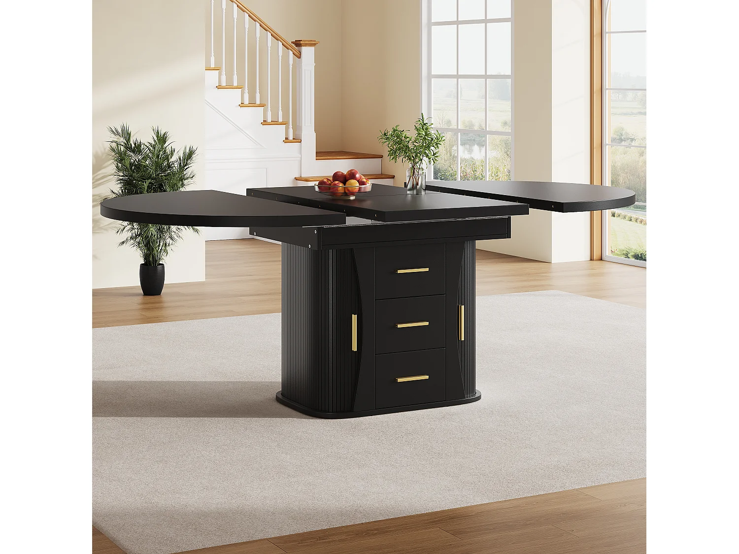 Table à manger extensible - MDF - Table ronde - 118-158 cm - 6 personnes - espace de stockage à 3 niveaux - Noir