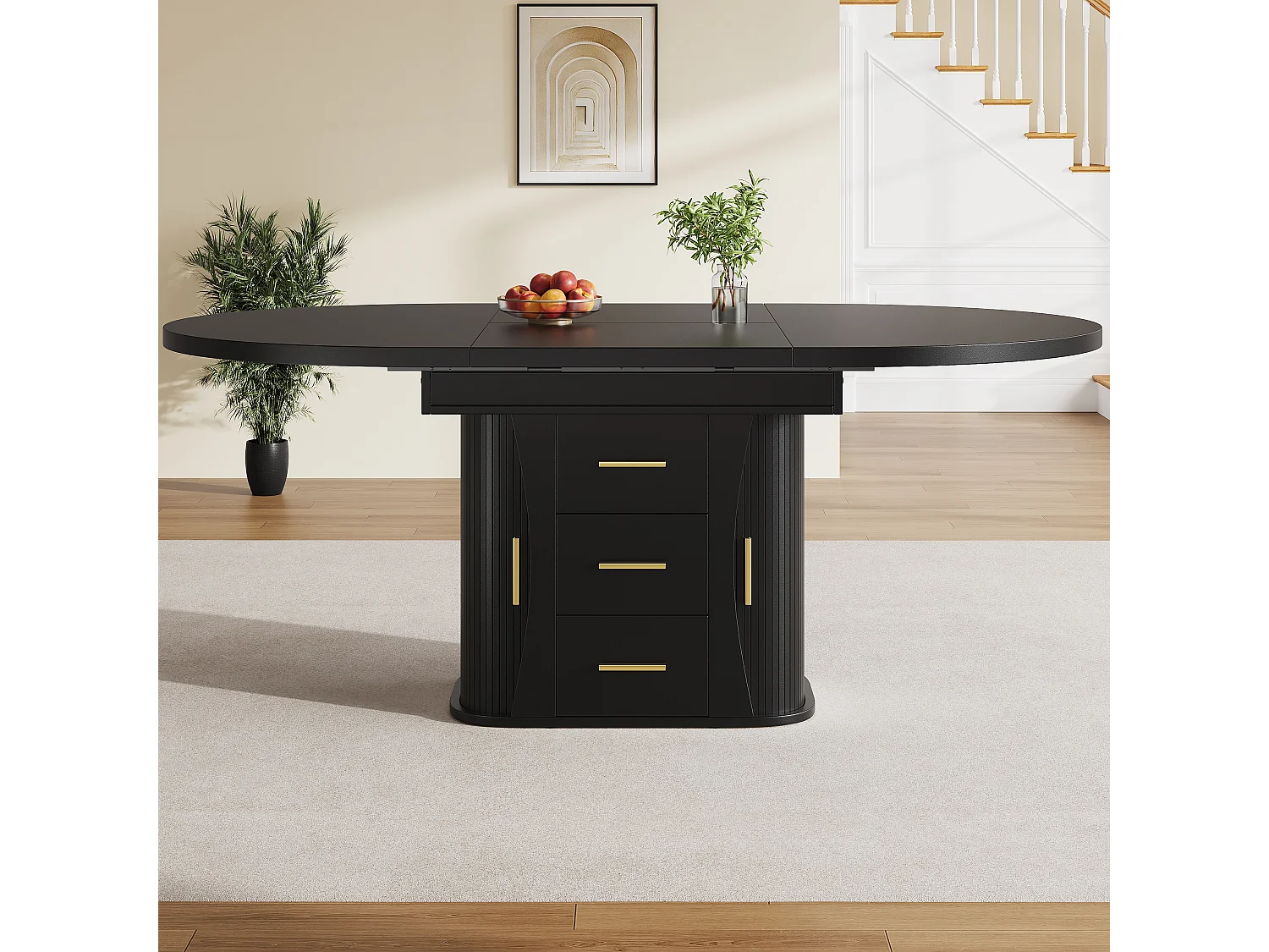 Table à manger extensible - MDF - Table ronde - 118-158 cm - 6 personnes - espace de stockage à 3 niveaux - Noir