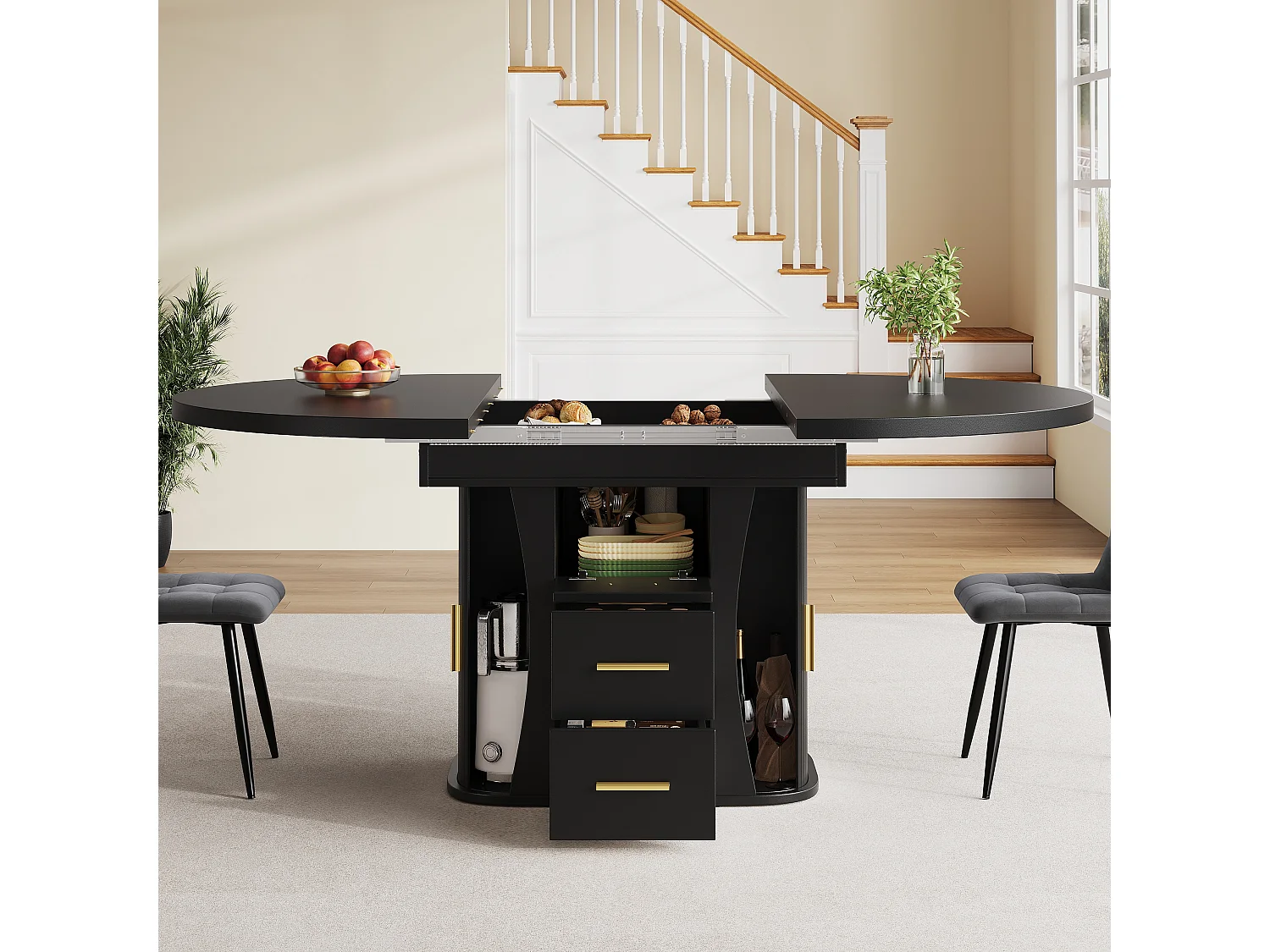 Table à manger extensible - MDF - Table ronde - 118-158 cm - 6 personnes - espace de stockage à 3 niveaux - Noir