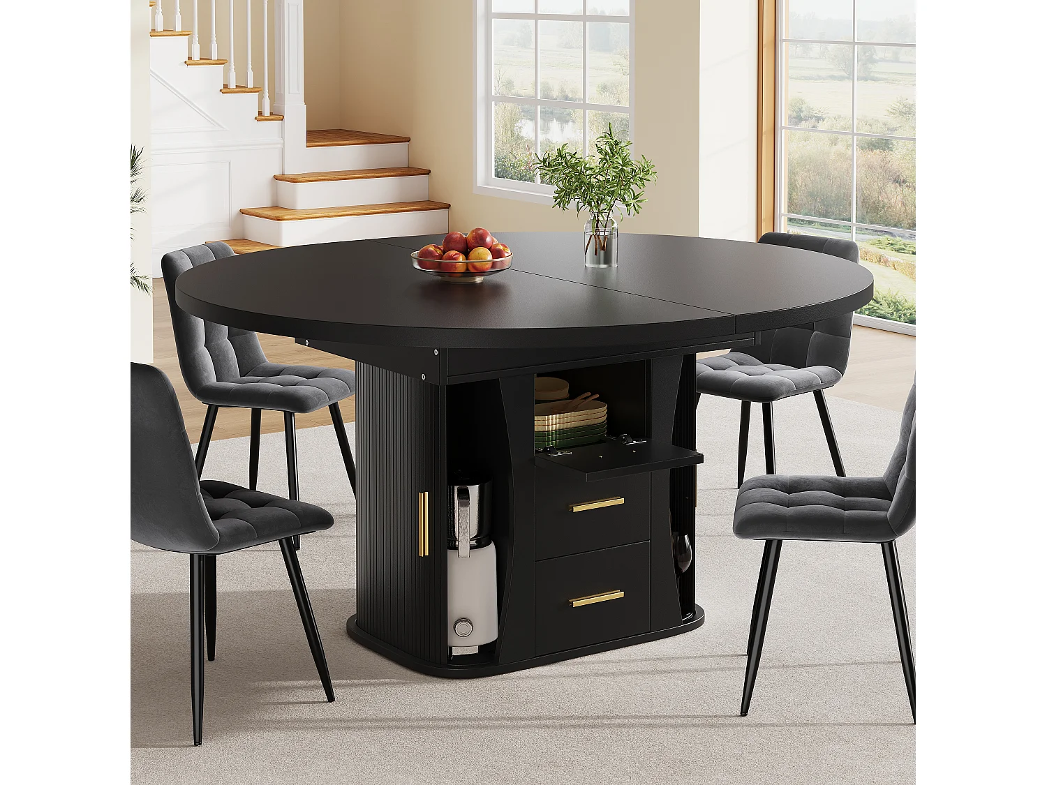 Table à manger extensible - MDF - Table ronde - 118-158 cm - 6 personnes - espace de stockage à 3 niveaux - Noir