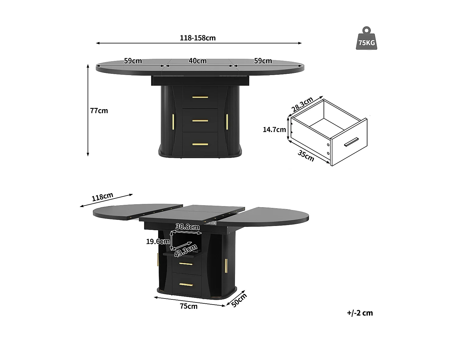 Table à manger extensible - MDF - Table ronde - 118-158 cm - 6 personnes - espace de stockage à 3 niveaux - Noir