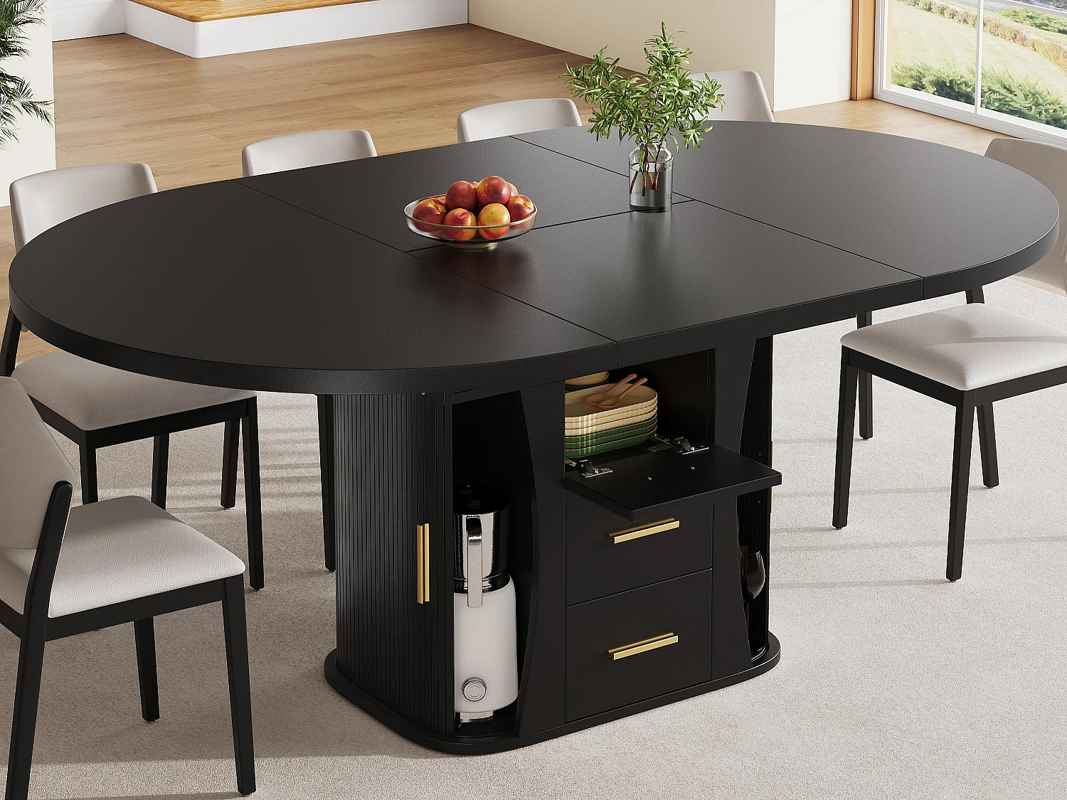 Table à manger extensible - MDF - Table ronde - 118-158 cm - 6 personnes - espace de stockage à 3 niveaux - Noir