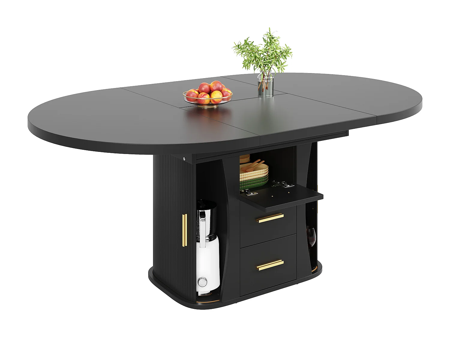 Table à manger extensible - MDF - Table ronde - 118-158 cm - 6 personnes - espace de stockage à 3 niveaux - Noir