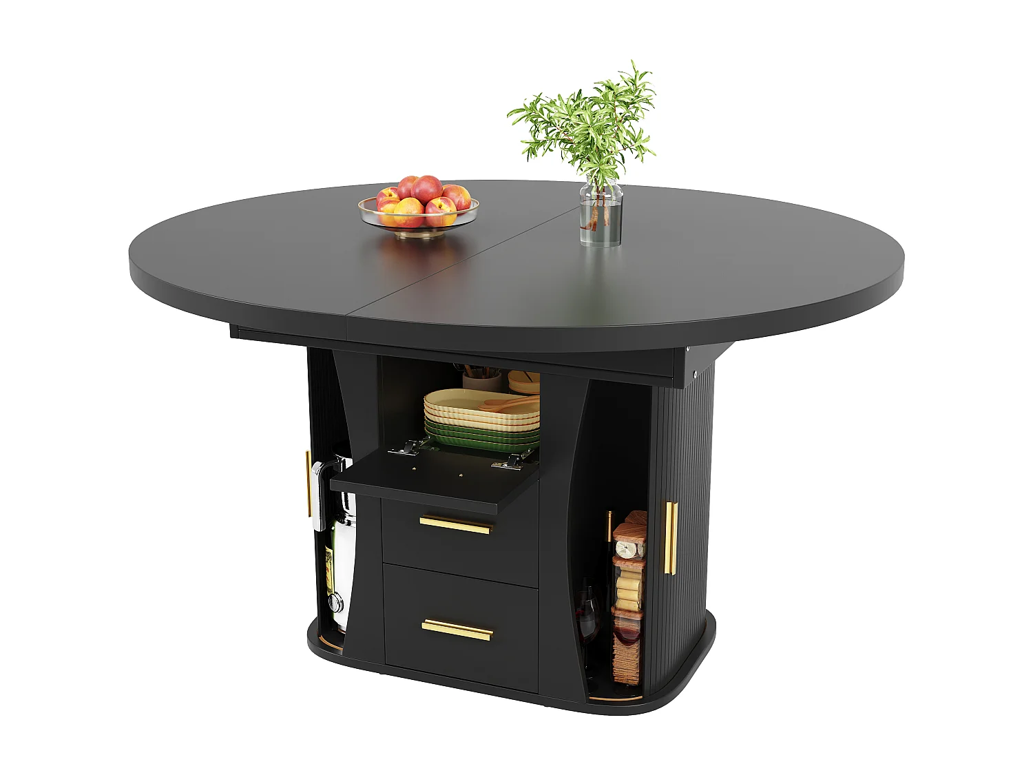 Table à manger extensible - MDF - Table ronde - 118-158 cm - 6 personnes - espace de stockage à 3 niveaux - Noir