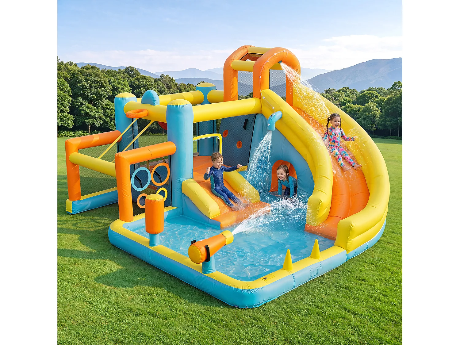 Château gonflable pour enfants 9-en-1 : Aire de Jeux avec Toboggan, Trampoline, Ring de Boxe, Mur d'Escalade et Basket - Souffleur 450W - 405x416x218cm