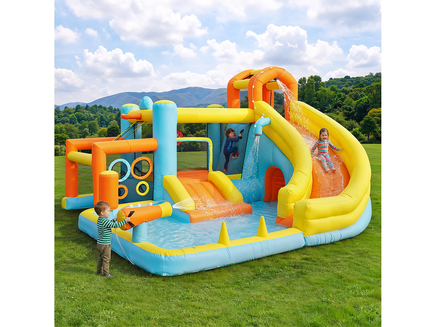 Château gonflable pour enfants 9-en-1 : Aire de Jeux avec Toboggan, Trampoline, Ring de Boxe, Mur d'Escalade et Basket - Souffleur 450W - 405x416x218cm