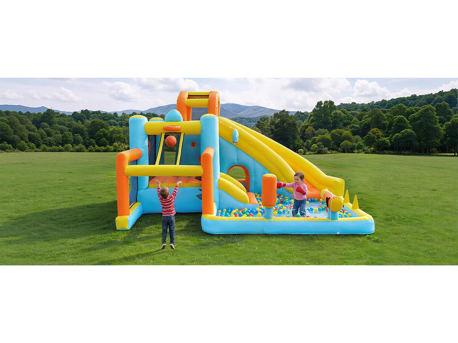 Château gonflable pour enfants 9-en-1 : Aire de Jeux avec Toboggan, Trampoline, Ring de Boxe, Mur d'Escalade et Basket - Souffleur 450W - 405x416x218cm
