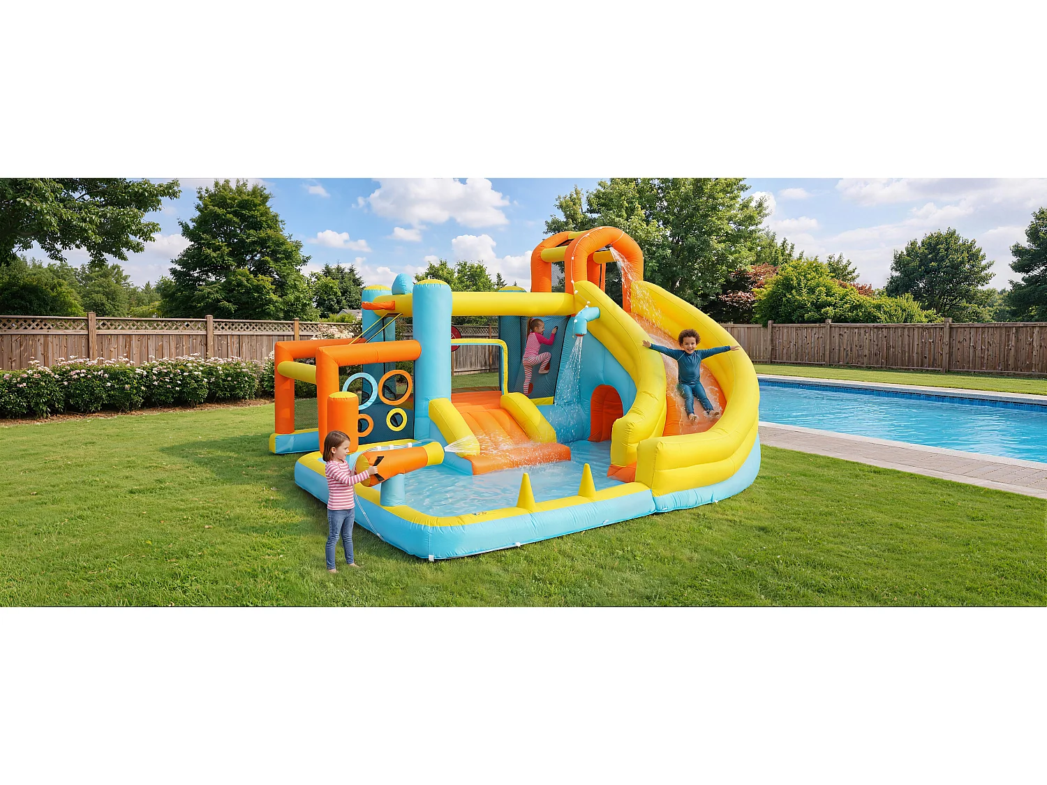 Château gonflable pour enfants 9-en-1 : Aire de Jeux avec Toboggan, Trampoline, Ring de Boxe, Mur d'Escalade et Basket - Souffleur 450W - 405x416x218cm