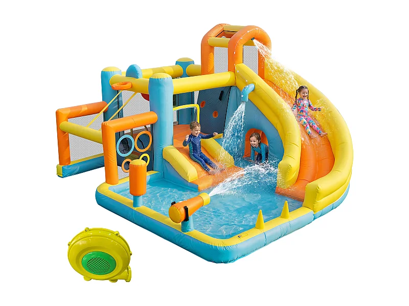 Castelo insuflável para crianças 9-em-1: Área de Jogos con Escorregador, Trampolim, Ringue de Boxe, Parede de Escalada e Basquete - Ventilador 450W - 405x416x218cm