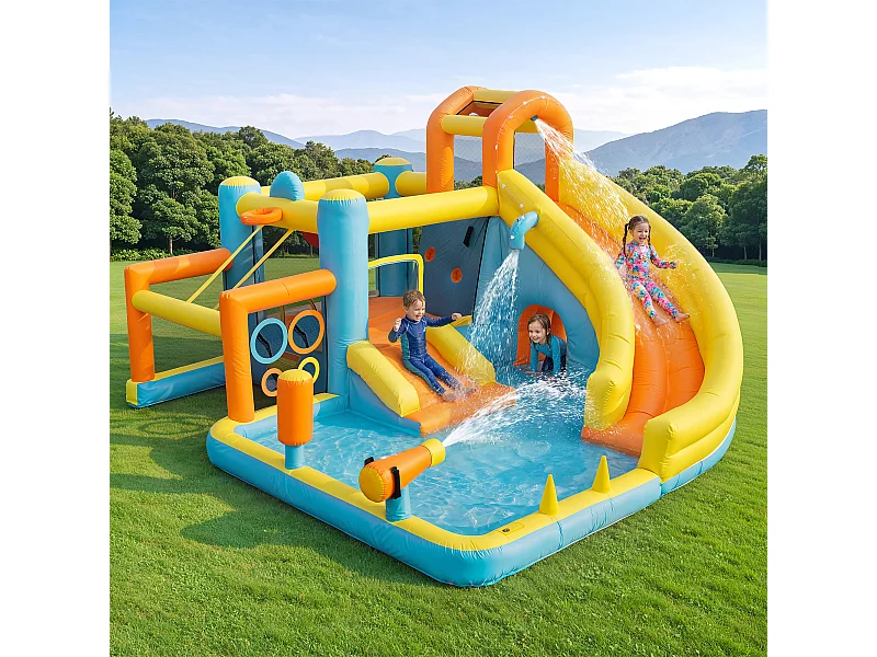 Château gonflable pour enfants 9-en-1 : Aire de Jeux avec Toboggan, Trampoline, Ring de Boxe, Mur d'Escalade et Basket - Souffleur 450W - 405x416x218cm