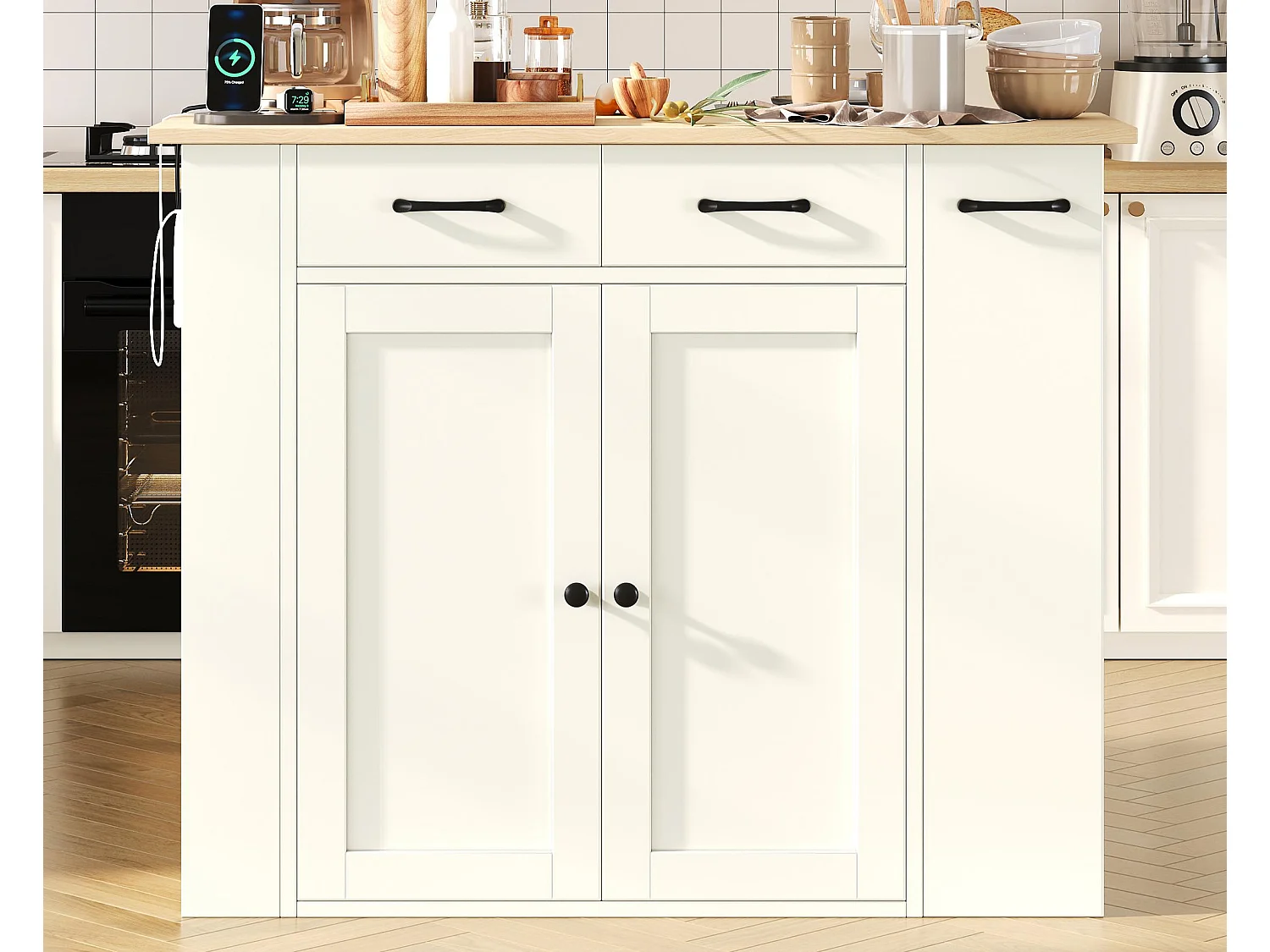 Îlot central de cuisine - table à manger pliante - avec prise électrique et deux chaises - avec 4 tiroirs et 2 portes - blanc