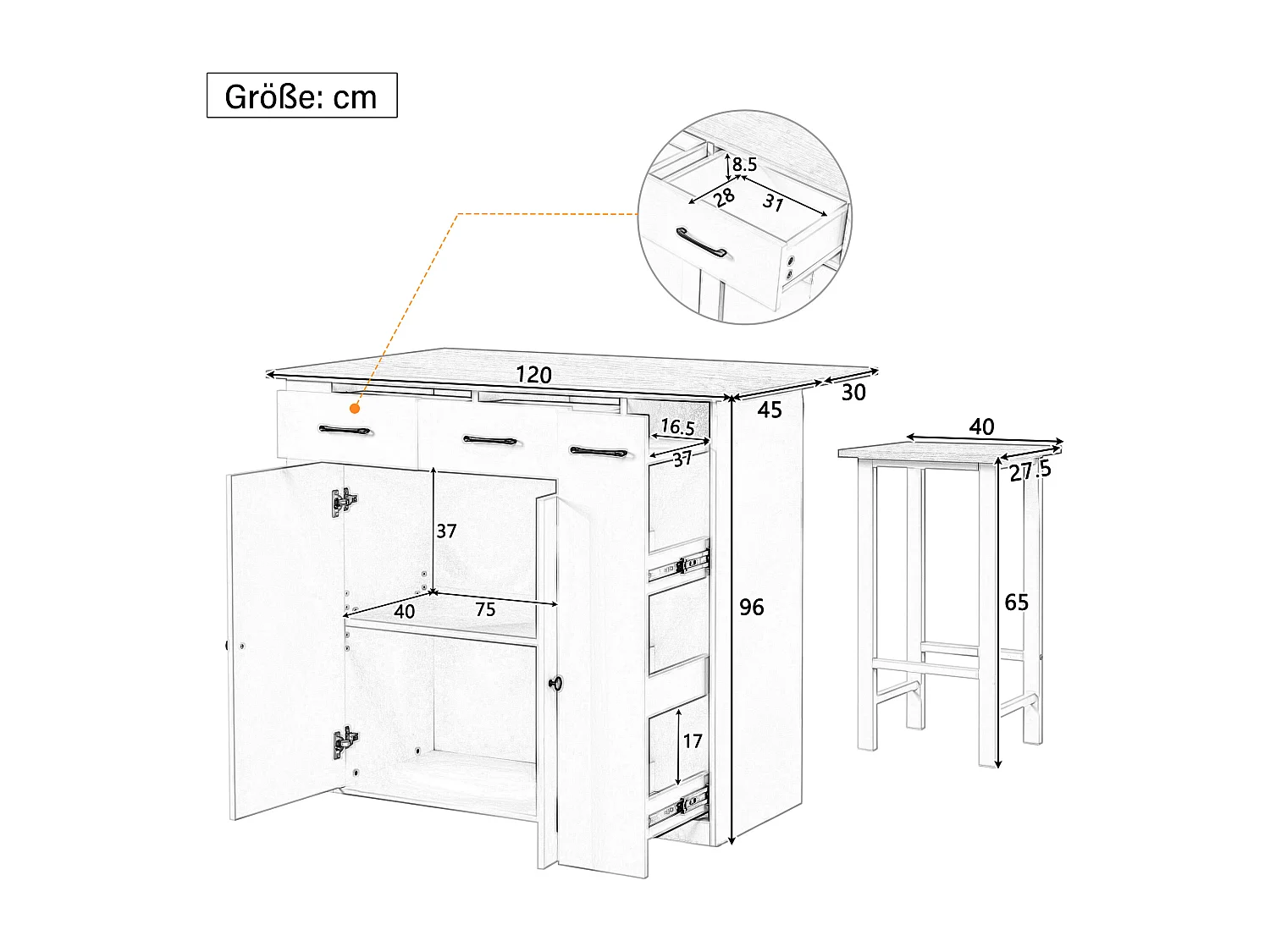 Îlot central de cuisine - table à manger pliante - avec prise électrique et deux chaises - avec 4 tiroirs et 2 portes - blanc
