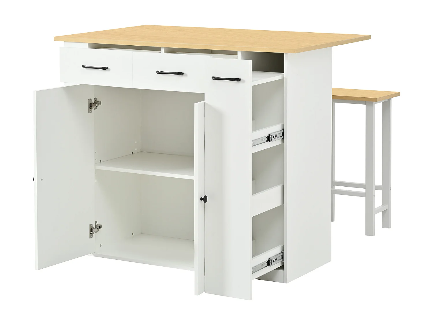 Îlot central de cuisine - table à manger pliante - avec prise électrique et deux chaises - avec 4 tiroirs et 2 portes - blanc