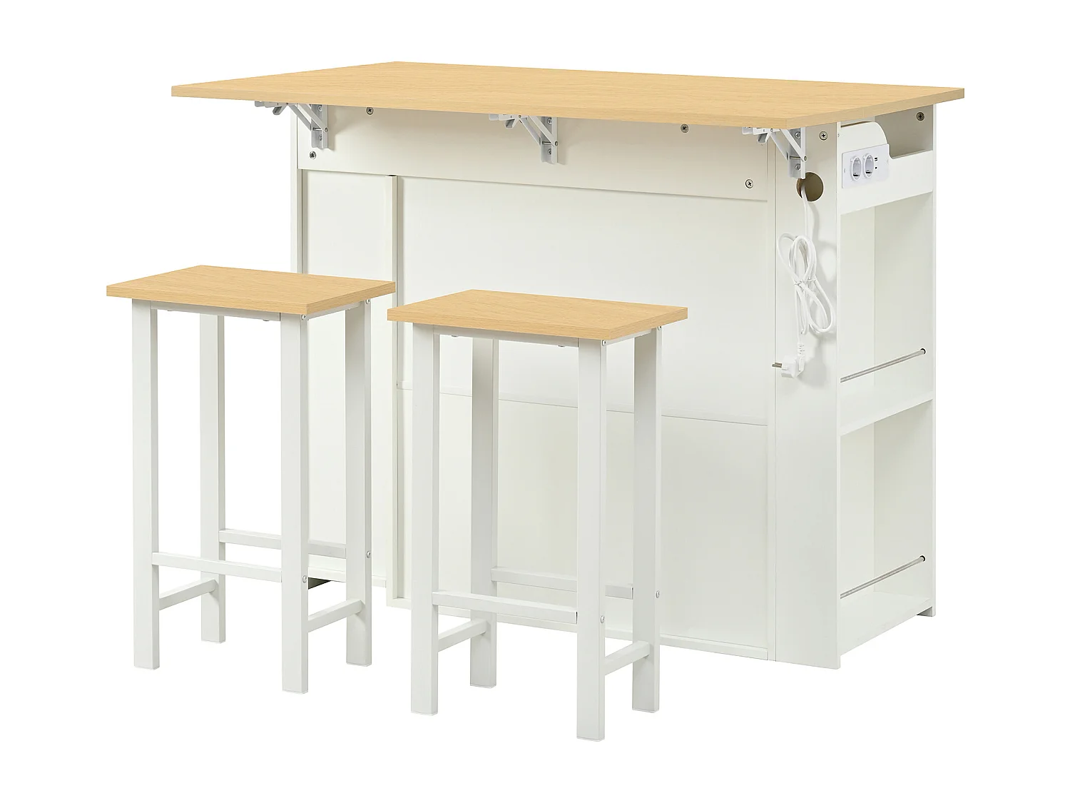 Îlot central de cuisine - table à manger pliante - avec prise électrique et deux chaises - avec 4 tiroirs et 2 portes - blanc